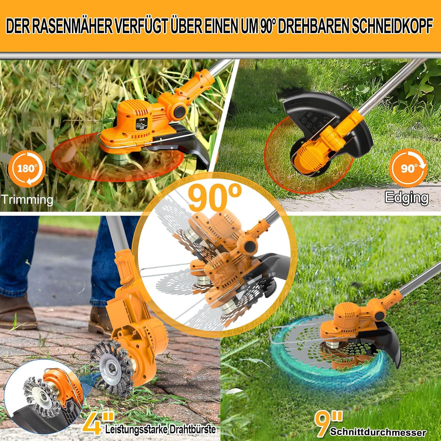 Akku Rasentrimmer mit Akku und Unkrautbürste 4 in 1 Freischneider mit Unkrautbürste 21V Bürstenloser Freischneider, Elektro Motorsense mit 2 Akku 4.0Ah und Ladegerät Teleskop, Verstellbarer, Orange