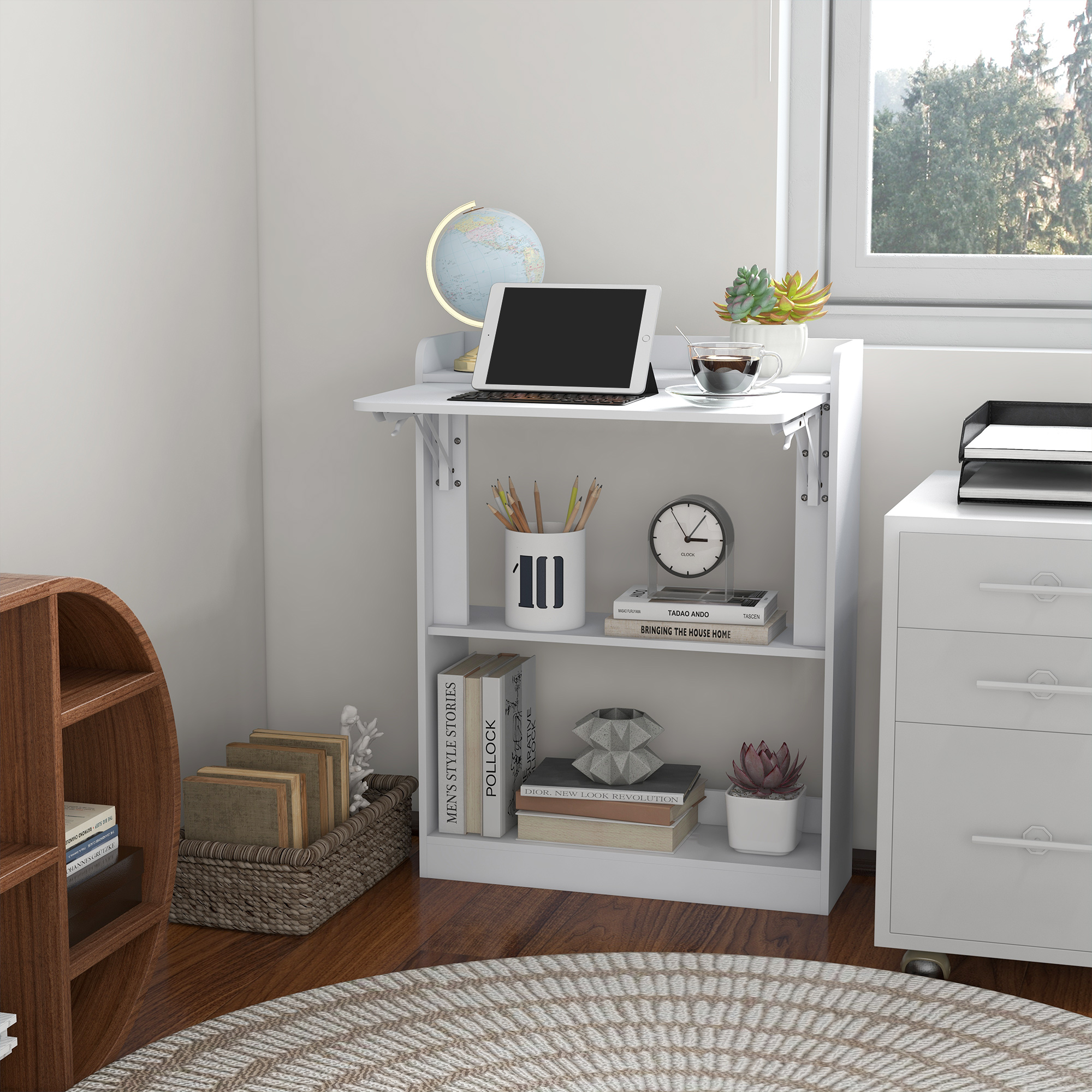 HOMCOM Computertisch Schreibtisch klappbare Tischplatte und 3 Regalböden Platzsparend 63 x 55,5 x 82 cm Weiß