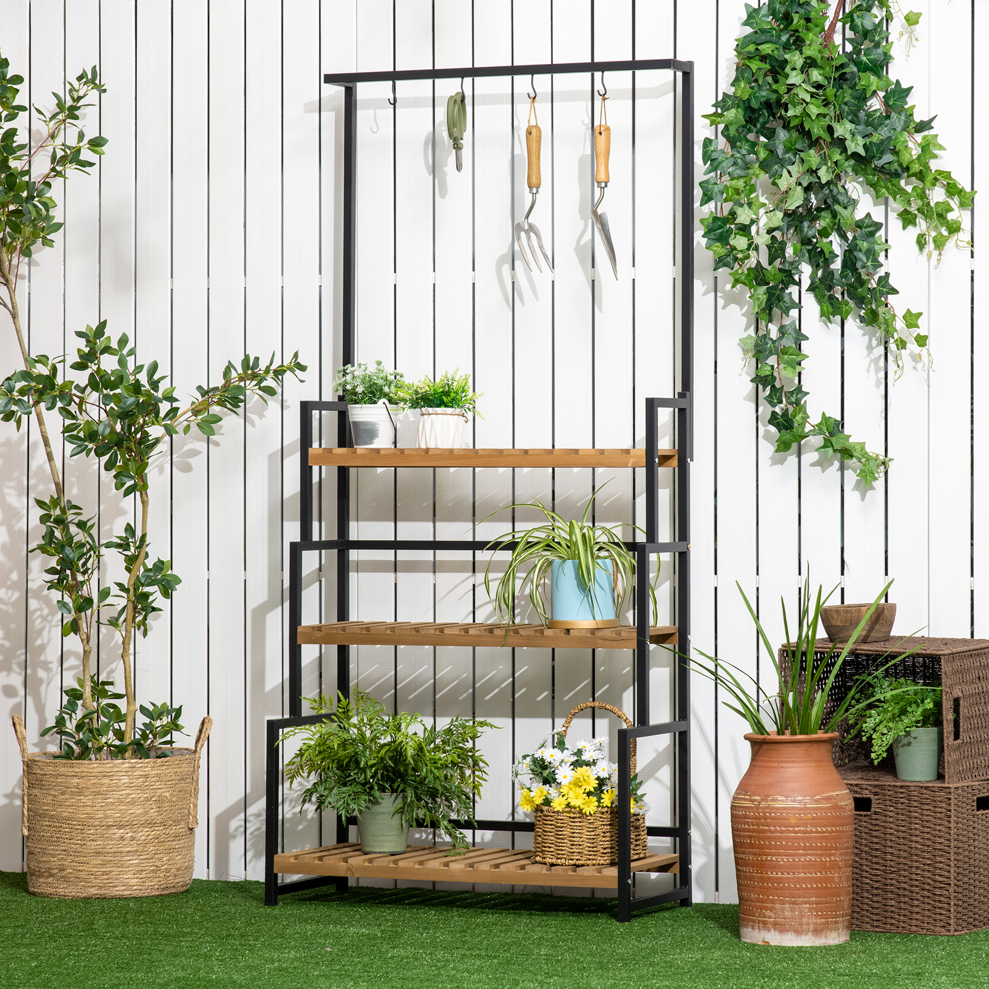 Outsunny Pflanzenregal mit 3 Ebenen und Befestigungshaken, Blumentreppe aus Naturholz, 80 cm x 36 cm x 174 cm, Natur