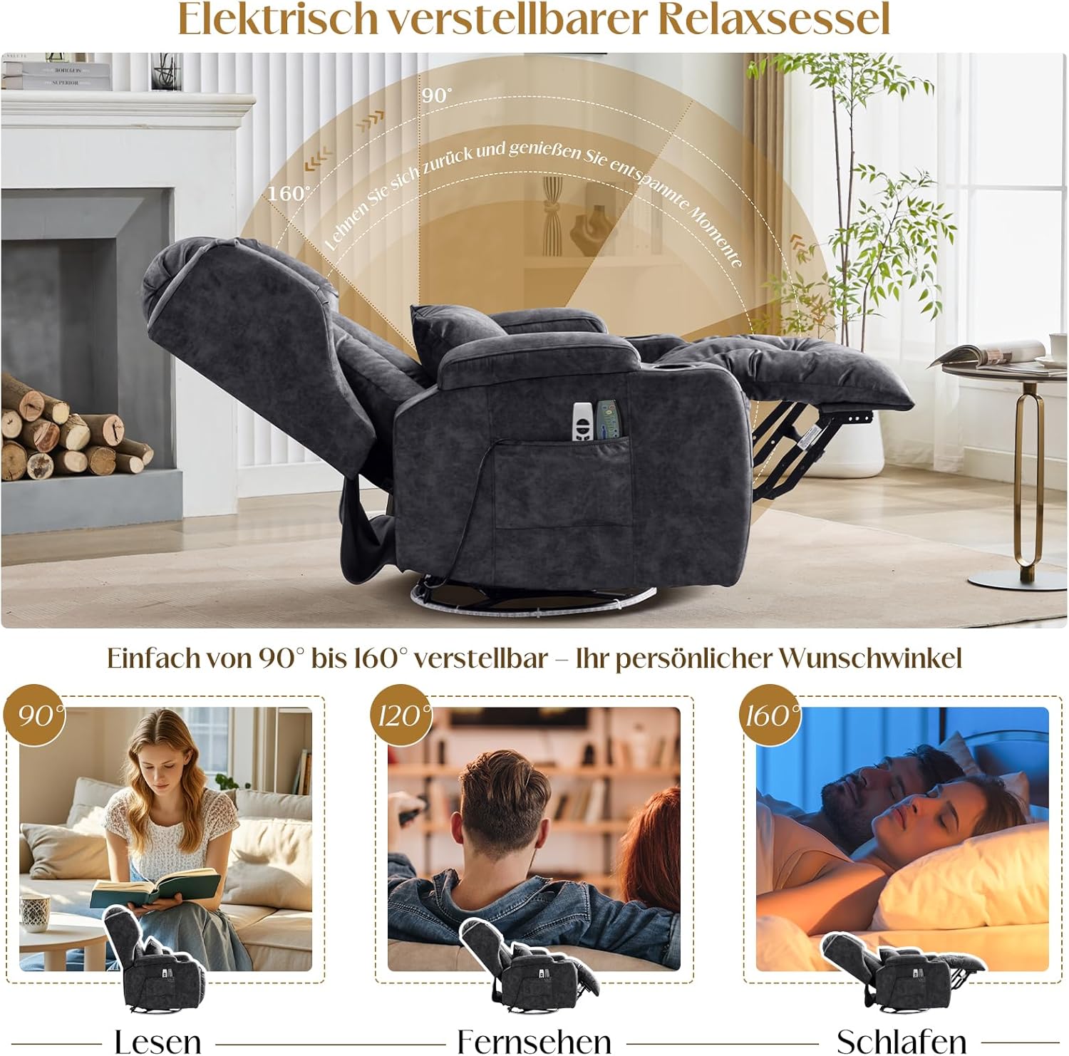 Elektrischer Fernsehsessel Relaxsessel mit Liegefunktion,240°Drehsessel Kinosessel Massagesessel mit Wärmefunktion,TV Sessel Liegesessel fürs Wohnzimmer bis 150kg (Samtstoff, Grau)