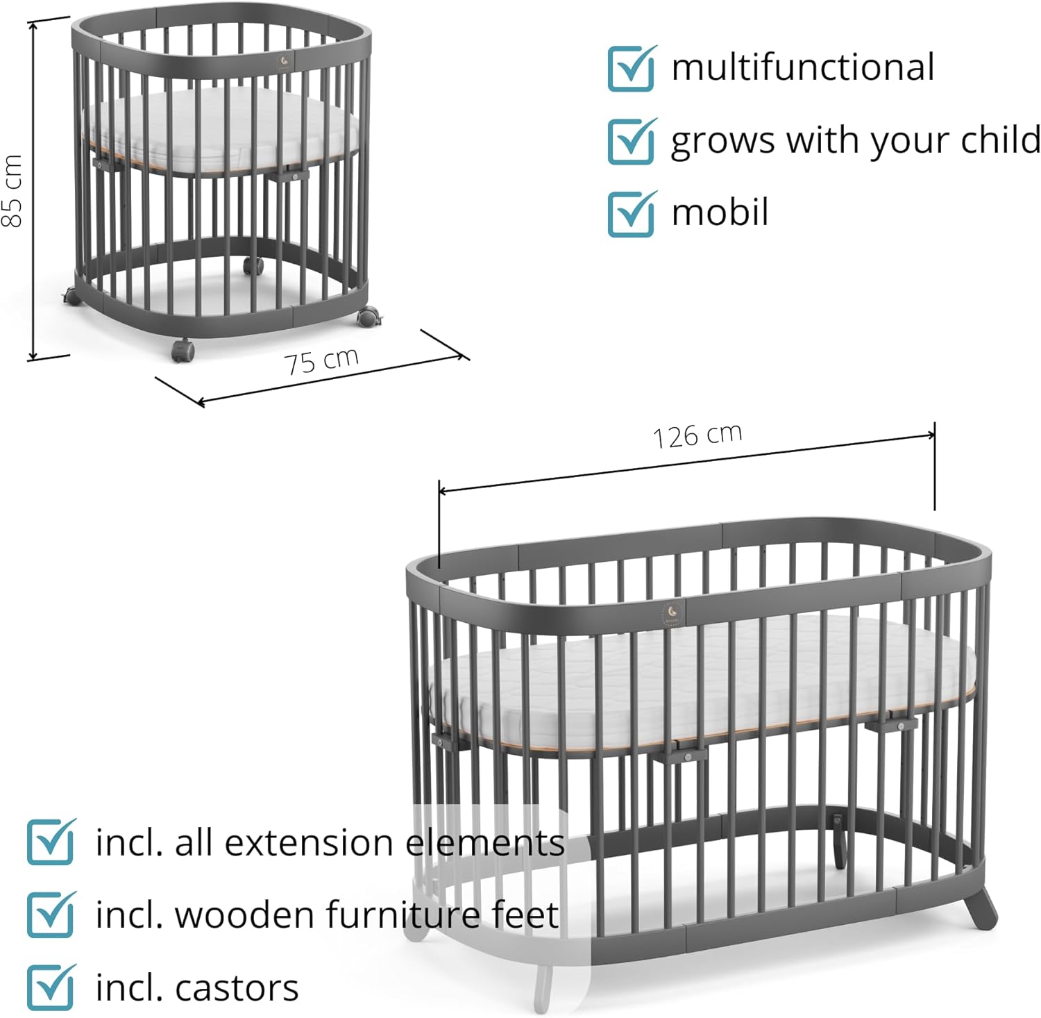 tweeto® Babybett 7 in 1 – mitwachsendes Babybett aus Holz | höhenverstellbares Beistellbett & Gitterbett | umbaubar zu Kinderbett & Laufstall (Buche Natur)