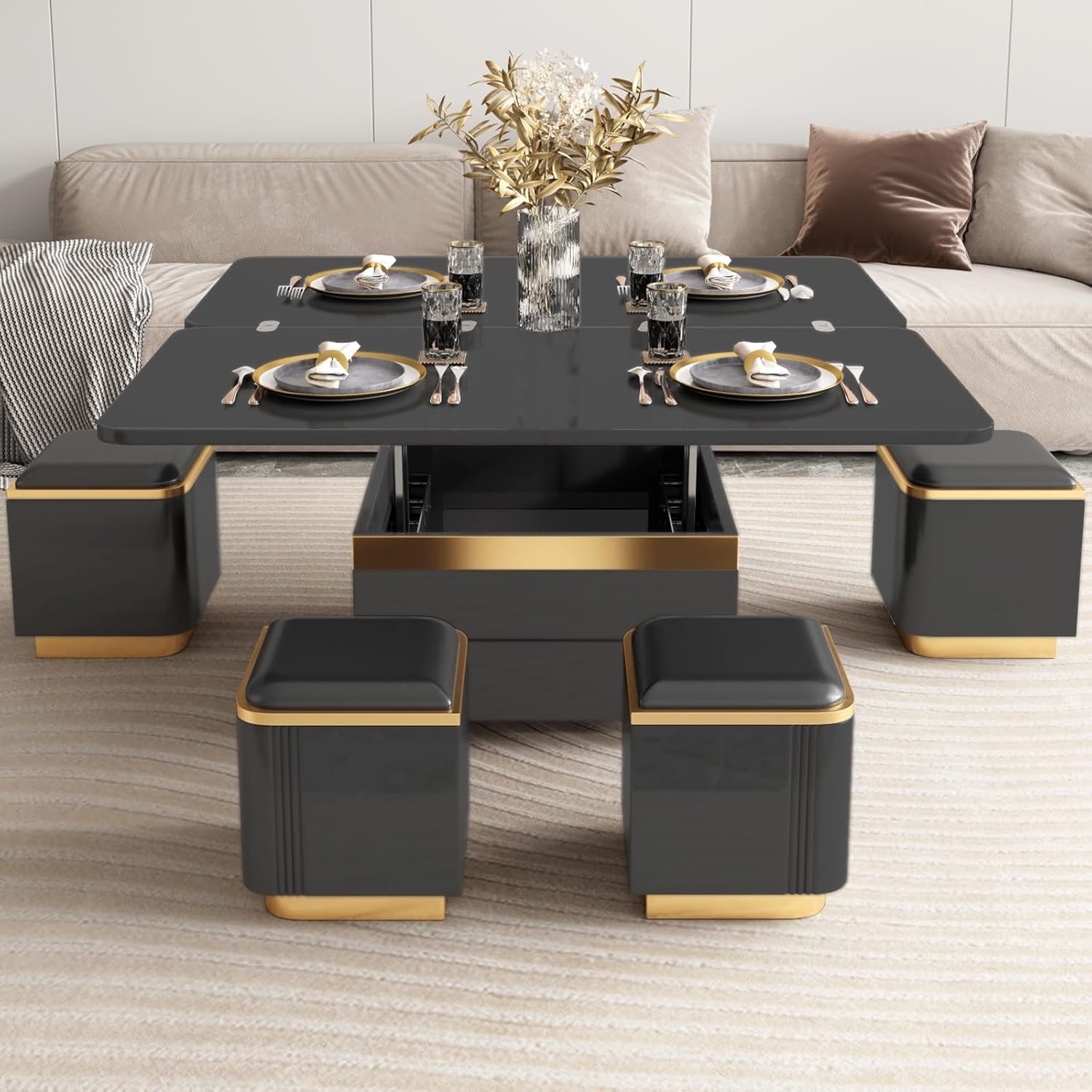 Guyii Höhenverstellbarer Couchtisch 120 cm lang mit Ablage, Multifunktionaler Cauchsofa Tisch, Coffee Table mit integriertem Stauraum und Klapptisch, Moderner Design für Wohnzimmer (schwarz)