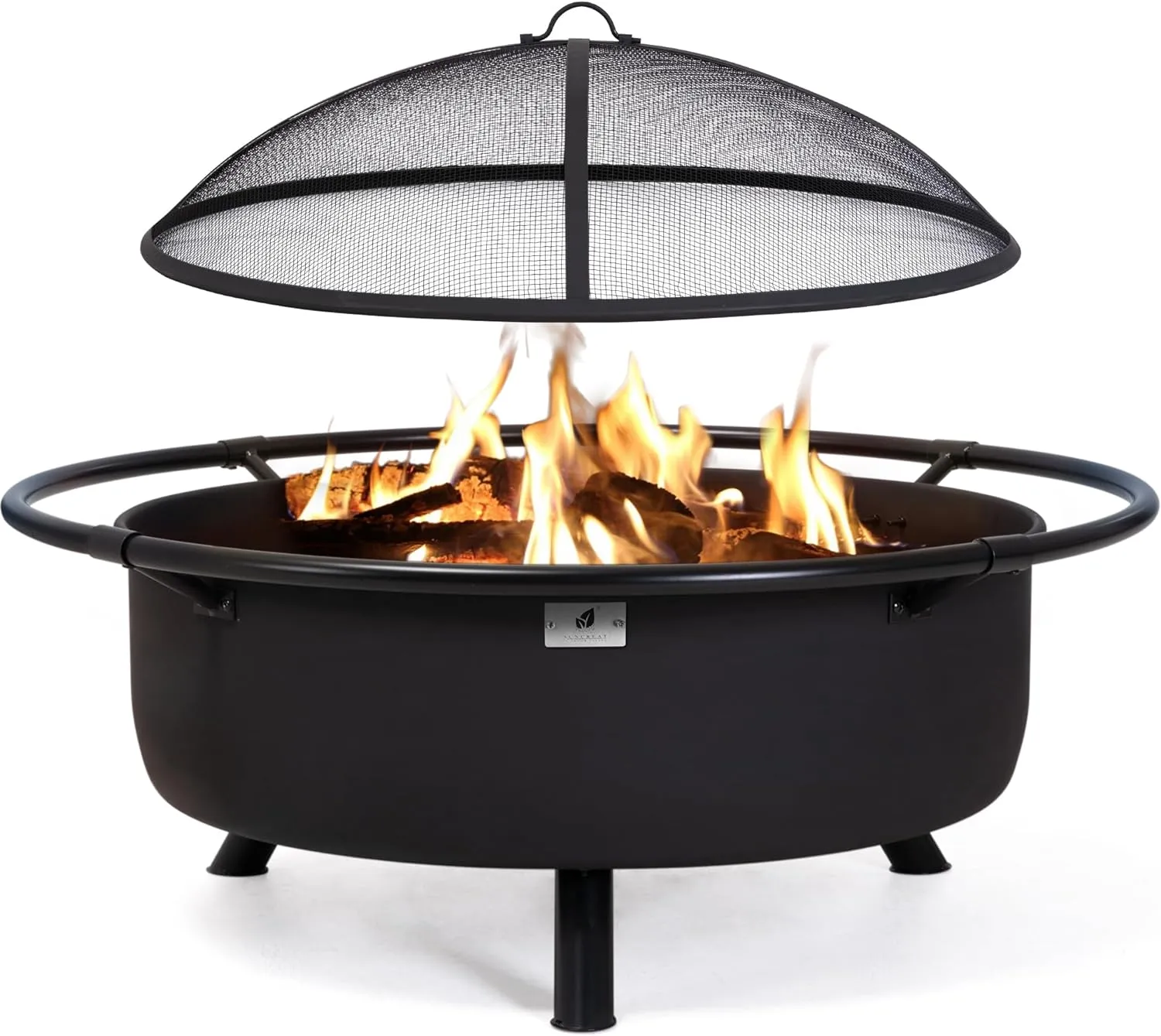 SUNCREAT 42&rdquo; Patio Fire Pit Wood Burning with Mesh Spark Screen, Bonfire Outdoor firepit with Fireplace Poker, Black