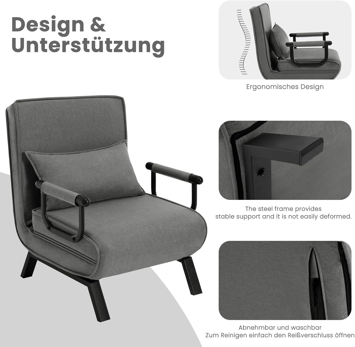 WOLTU Schlafsessel 3 in 1 mit bettfunktion, Gästebettfür, Schlafsofa mit Bettfunktion, Verstellbarer Rückenlehne, Wohnzimmer, Schlafzimmer, Balkon, Metallrahmen Leinen, 65 x 75 x 78cm, Dunkelgrau