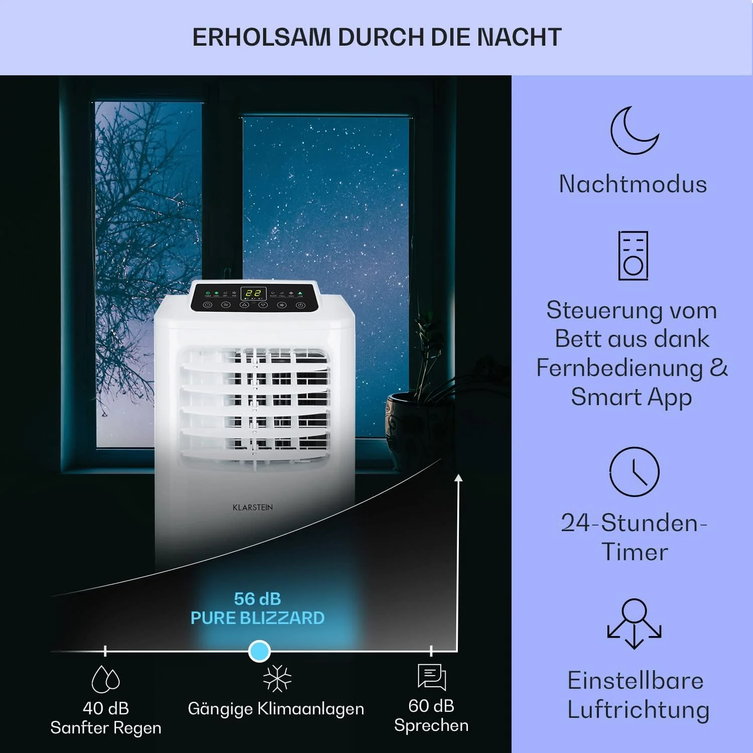 Klarstein Mobiele Airco met Afvoerslang, 3-in-1 Airconditioner met Ventilator & Luchtontvochtiger, Kleine & Draagbare Airco voor Thuis & op Kantoor, met Nachtmodus & App-bediening, 7000 BTU
