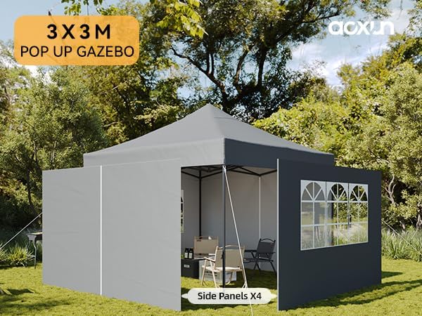 Aoxun Faltpavillon 3x3m Wasserdicht Stabil, Pop Up Pavillon mit Seitenwänden, UV-Schutz 50+ Gartenzelt Inkl. Rolltasche, Sandbags, Partyzelt Fuer Camping, Strand, Hochzeit und Outdoor Shelter, Grau