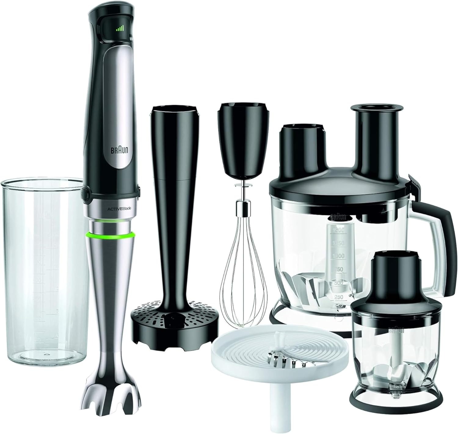 Braun Multiquick7 MQ7087X, Minipimer Frullatore ad Immersione, Dotato di Ciotola Robot da 1,5L, Disco Patatine, Frusta a Filo, Schiacciapatate, Minitritatutto 350ml, 1000 W, 6 accessori e Bicchiere [Classe di efficienza energetica A]