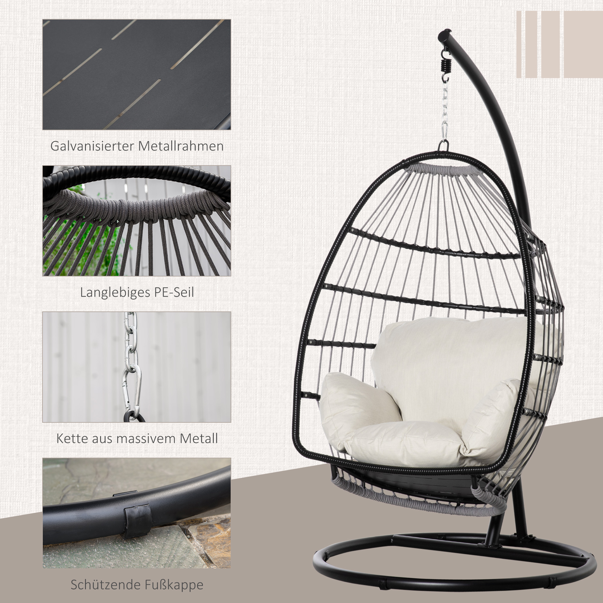 Outsunny hangstoel hangmand met frame hangende schommel hangstoel met kussenmand opvouwbaar metaal zwart + cr��me wit 101 x 101 x 188 cm