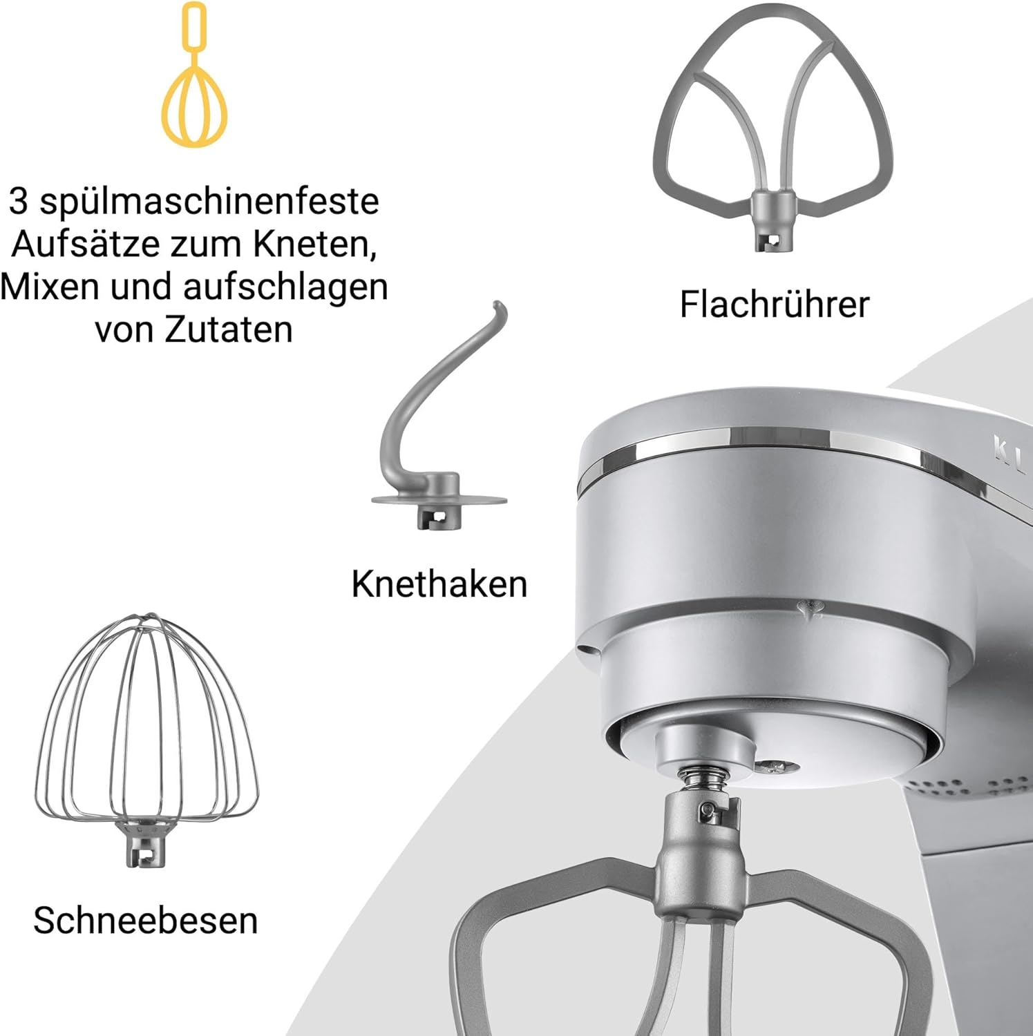 KLAMER Küchenmaschine 1800W, Knetmaschine mit 6 Liter Edelstahl Schüssel, 10 Geschwindigkeitsstufen mit Timer, Rührbesen, Knethaken, Schneebesen und Spritzschutz