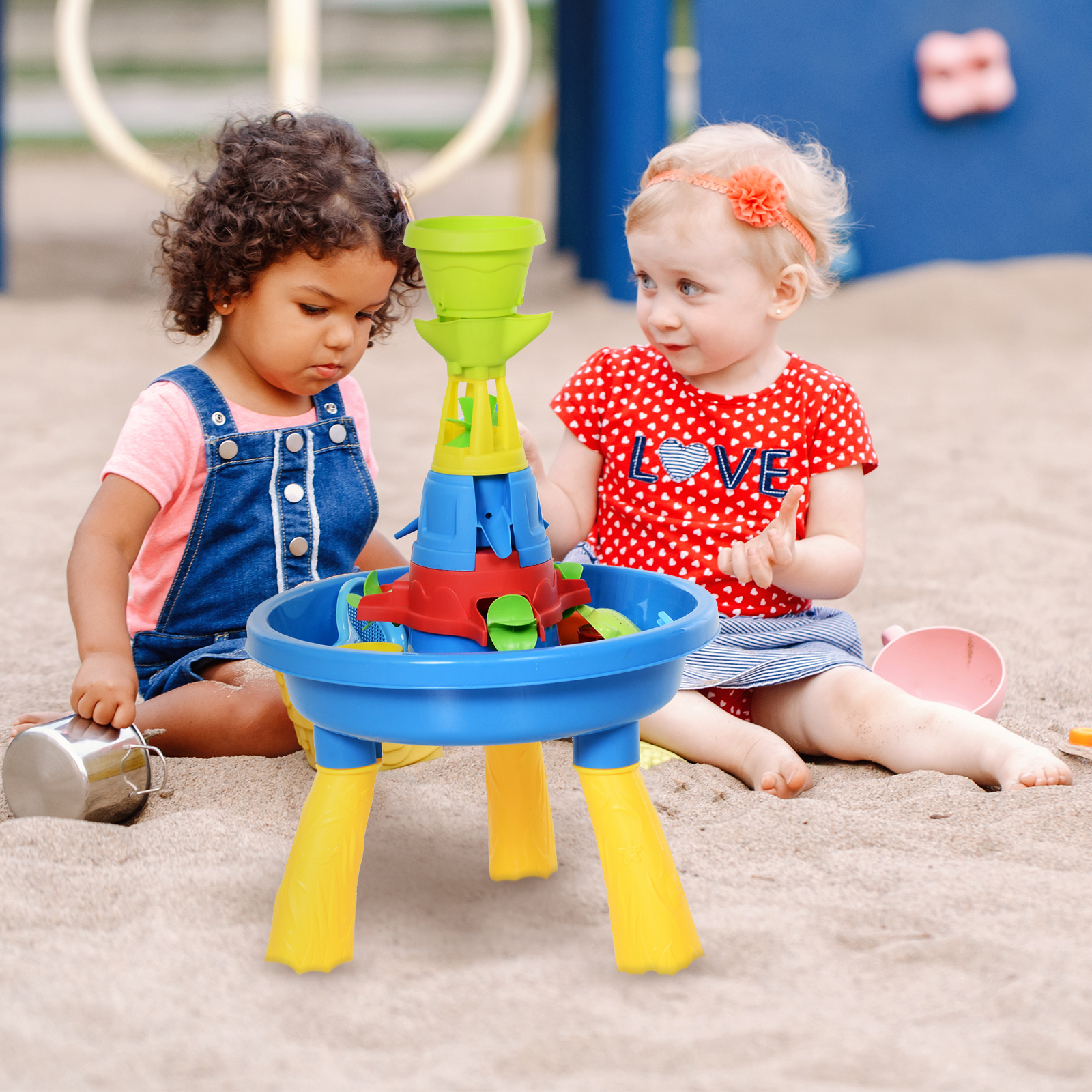 HOMCOM Kinder Sand- und Wasserspieltisch Spieltisch Spieltisch Outdoor Kinder Sandtisch mit 21-tlg. Zubehör, Wasserpark, Baby Spielzeug ab 3 Jahren, Kunststoff, Bunt, 46 x 46 x 72 cm