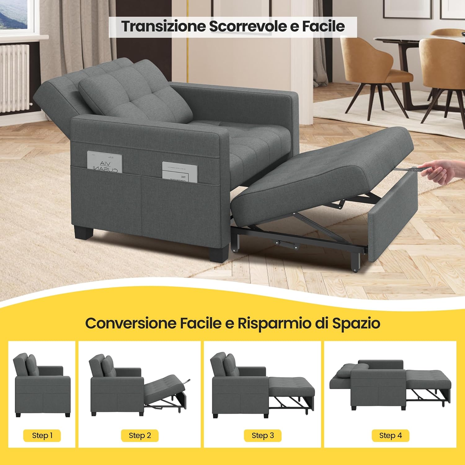 Yaheetech Divano Letto 3 in 1 Imbottito Divanetto Singolo con Schienale Regolabile Divano a 1 Posto per Soggiorno Camera da Letto Poltrona Pieghevole Ufficio Appartamento Grigio Chiaro
