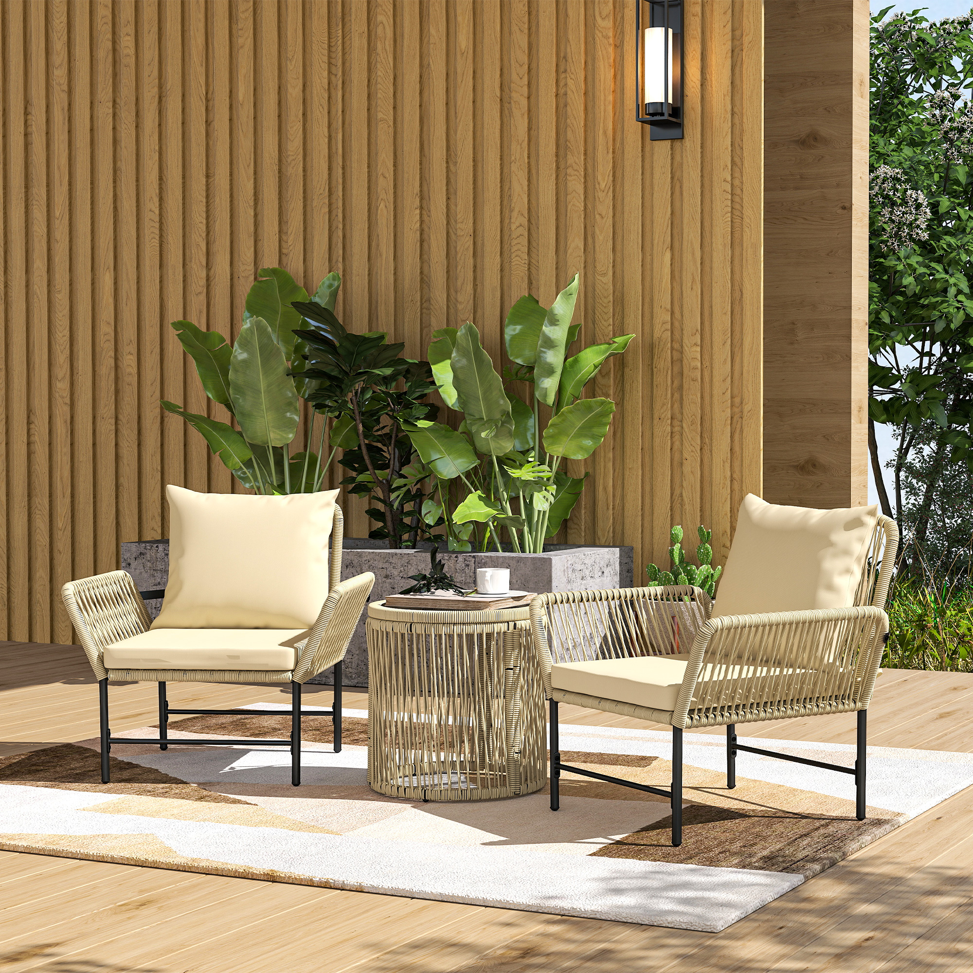 Outsunny Polyrattan Gartenmöbel Set, Outdoor Balkonmöbel für 2 Personen, 3-teilig mit 2 Stühle, Beistelltisch Sitzkissen