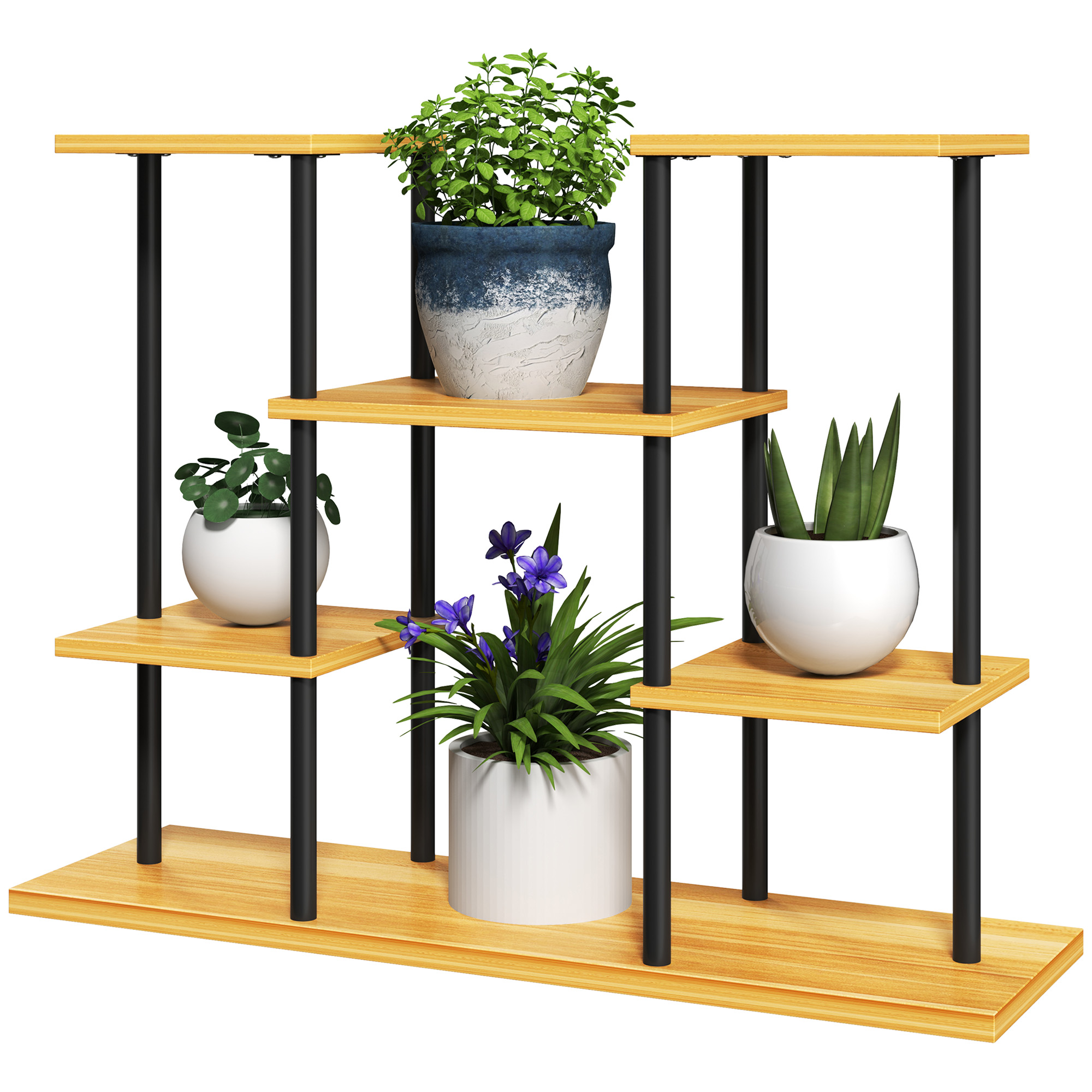 Outsunny Pflanzenständer für den Innenbereich, 6-stufiges Pflanzenregal, Stahlrahmen und massive Holzbasis 80 x 24 x 61,5 cm Naturholz