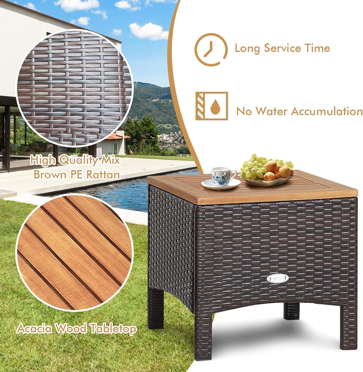 GIANTEX 3 Piece Furniture Set, Outdoor Rattan Bistro Set with Coffee Table, Soft Cushions, Acacia Wood Conversation Set for Patio, Backyard, Poolside, Off White