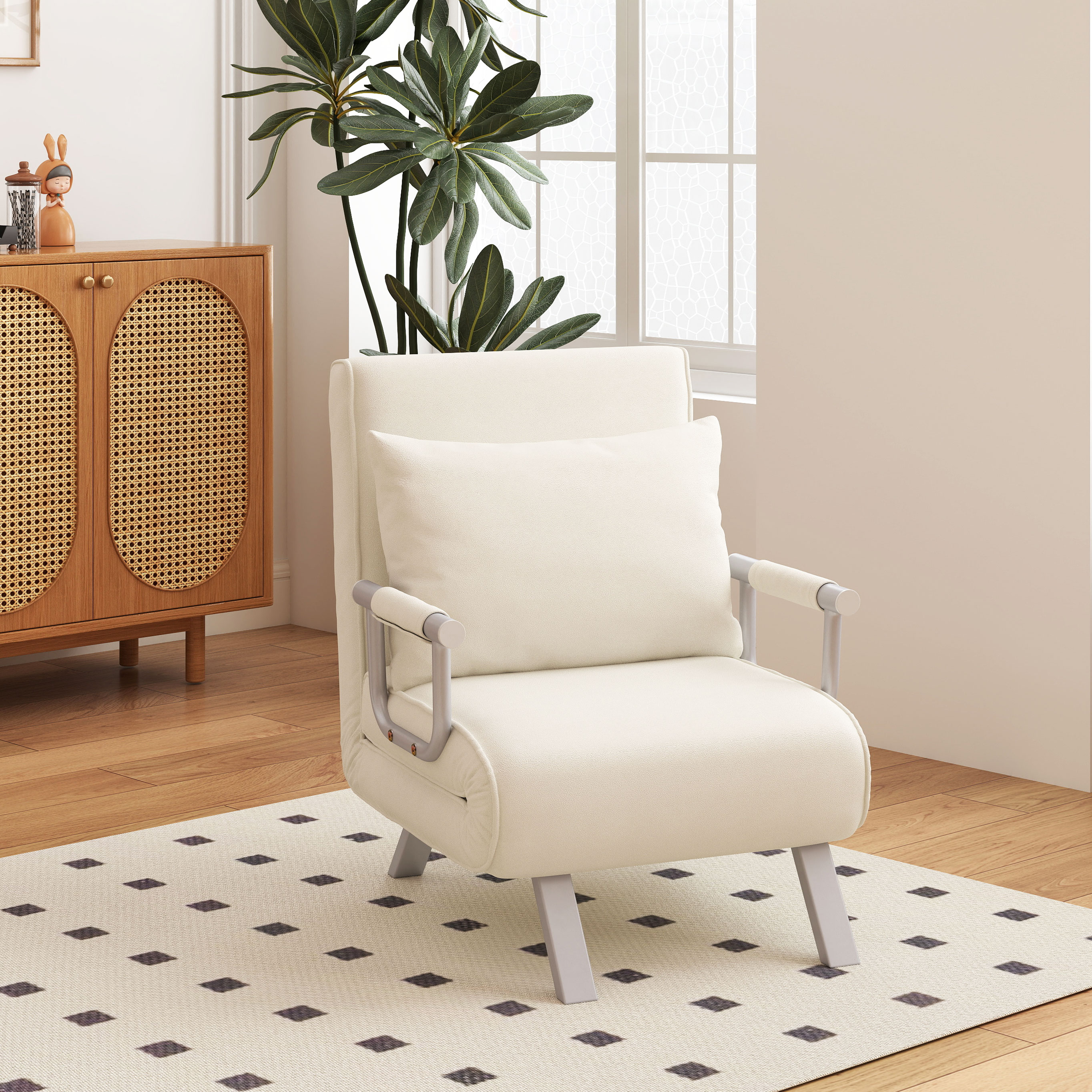 HOMCOM Relaxsessel Liegesessel Sessel, Liegefunktion, Gästebett, 65 cm x 69 cm x 80 cm, Cremeweiß