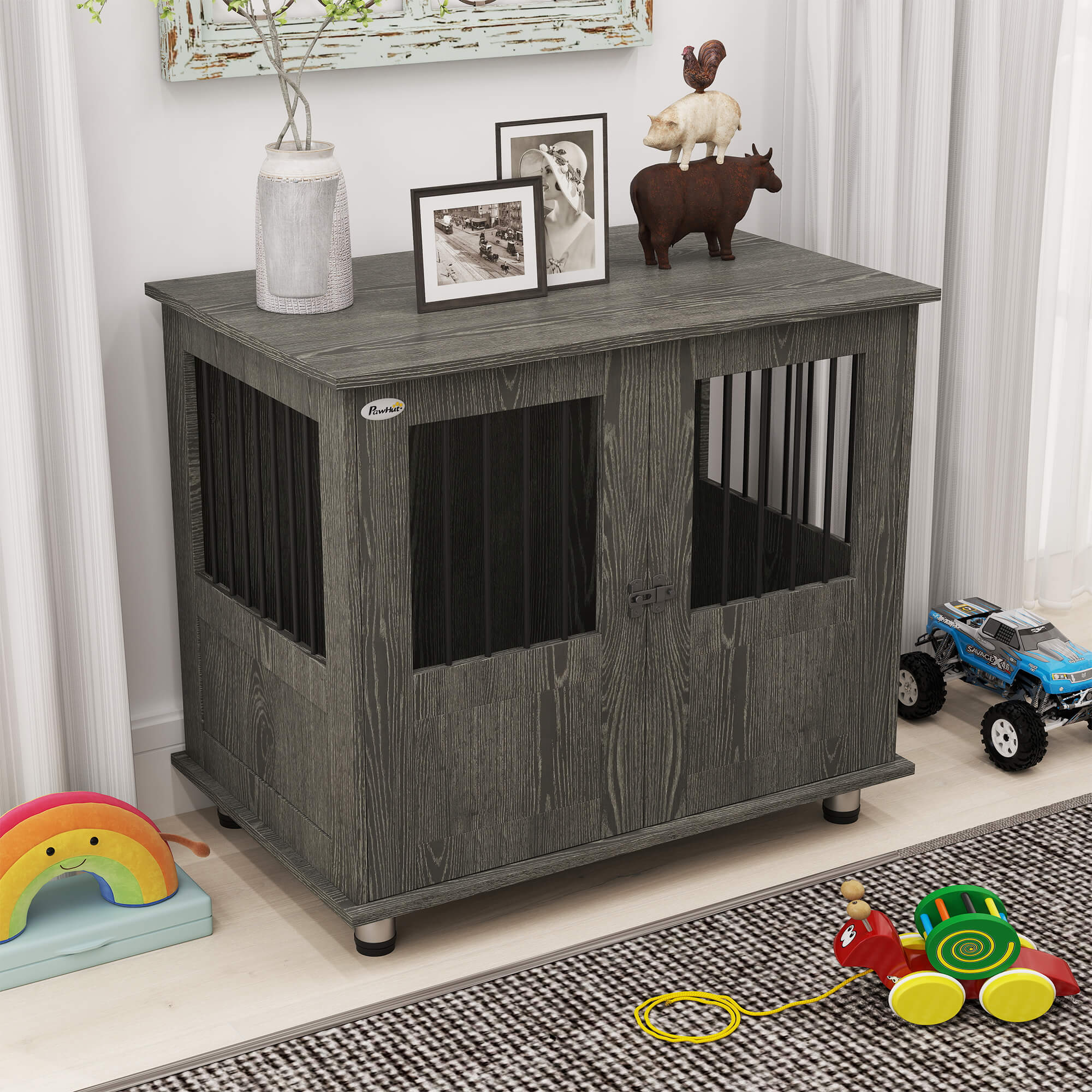 PawHut Hundebox, Haustierbox, Hundehütte mit Schloss, Magnettür, Hundehaus mit Fenster, für große Hunde, 85 x 55 x 75 cm, Grau