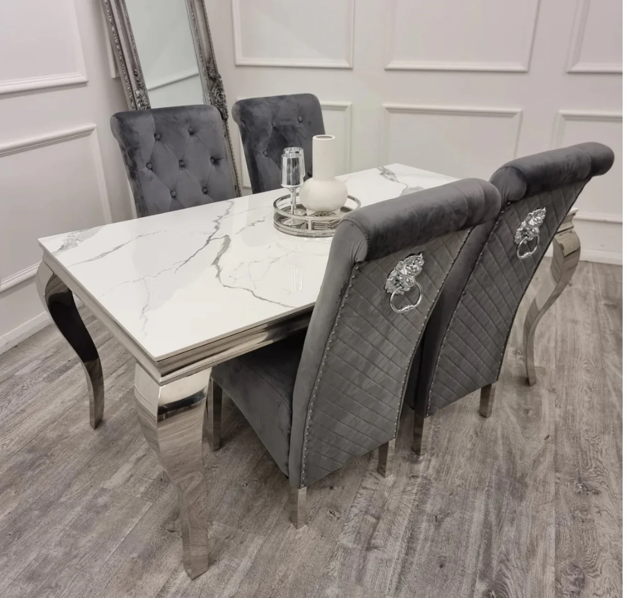 Louis Marble Dining Table + Sofia Dining Chairs Lion Knocker