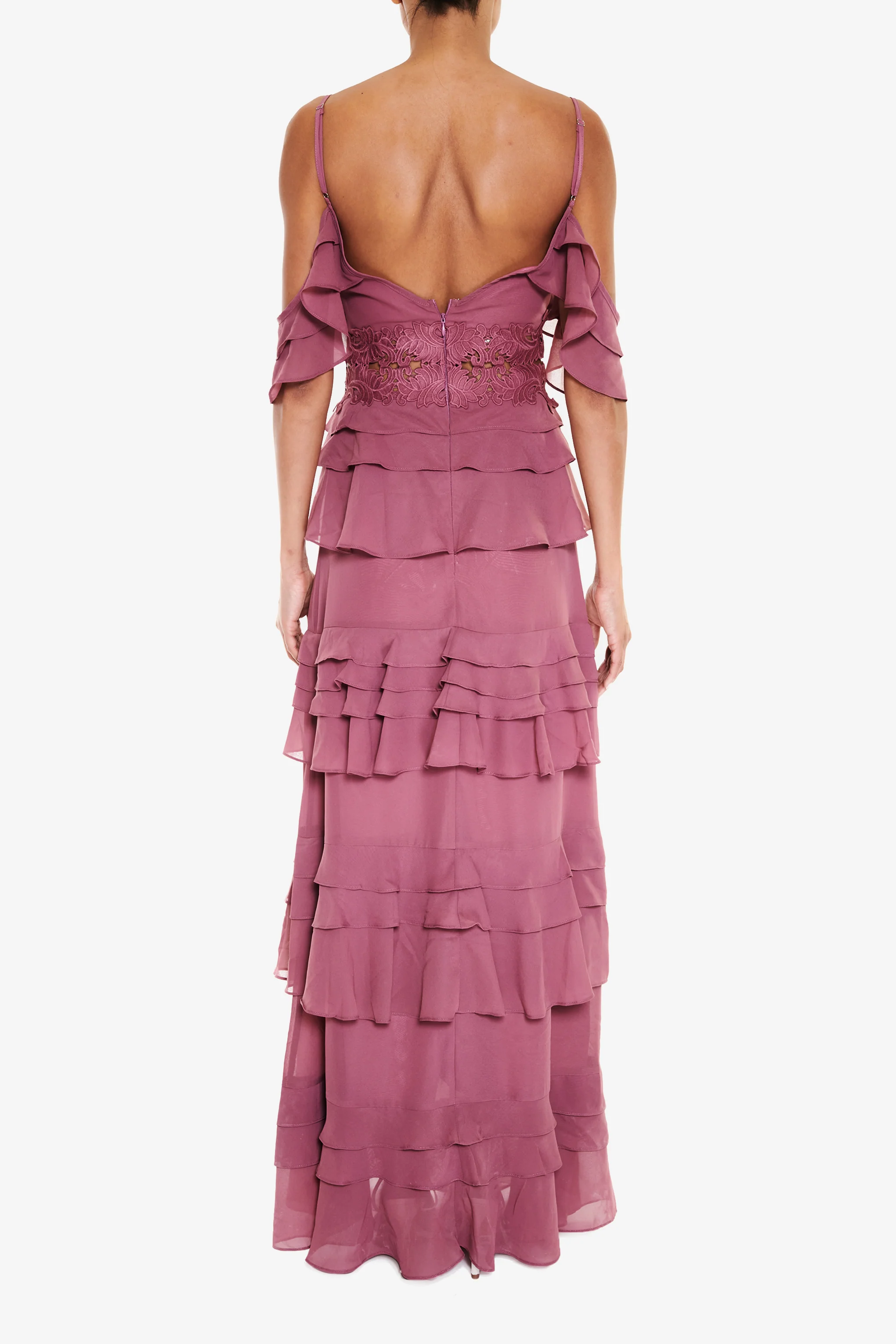 Olivia Wood-Rose Cold-Shoulder Tiered Ruffle Maxi-Dress