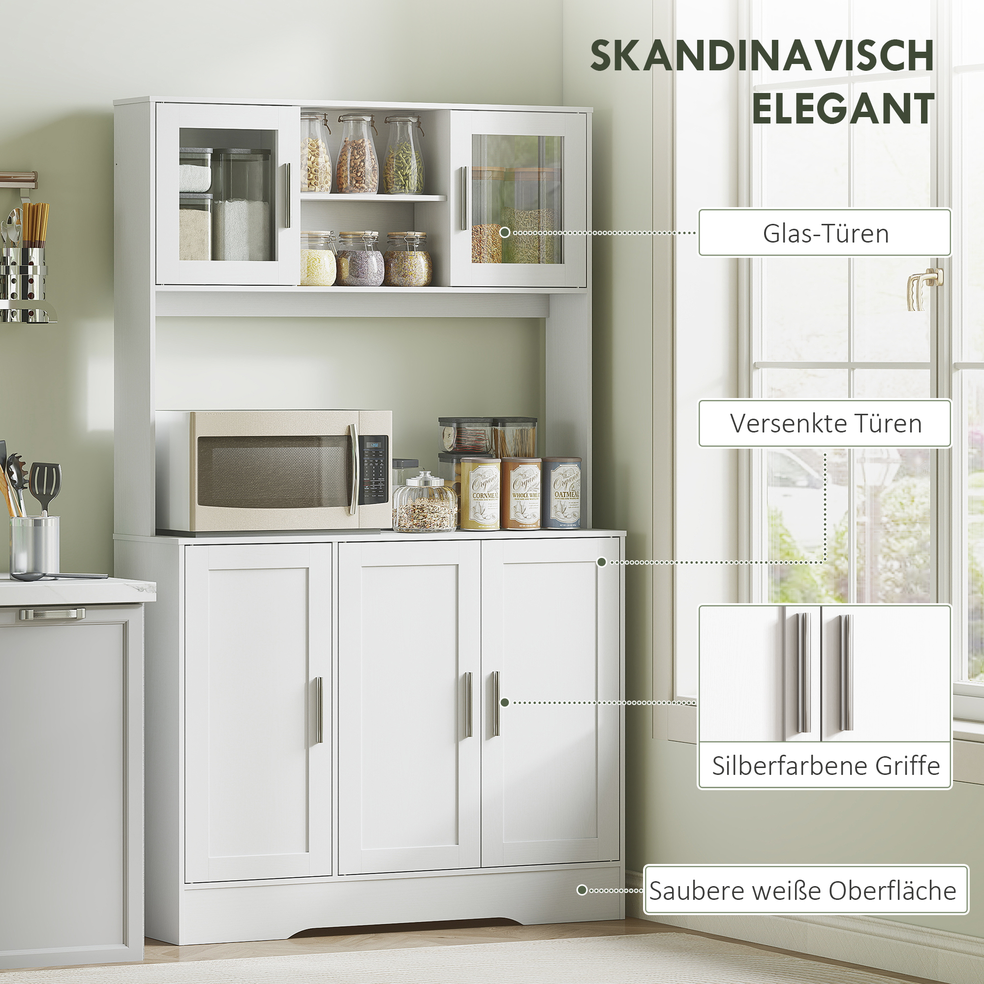 HOMCOM Keukenkast, Scandinavisch Design, 4 Kasten, Verstelbare Planken, Glazen Deuren, Open Vak, Spaanplaat, MDF, Wit