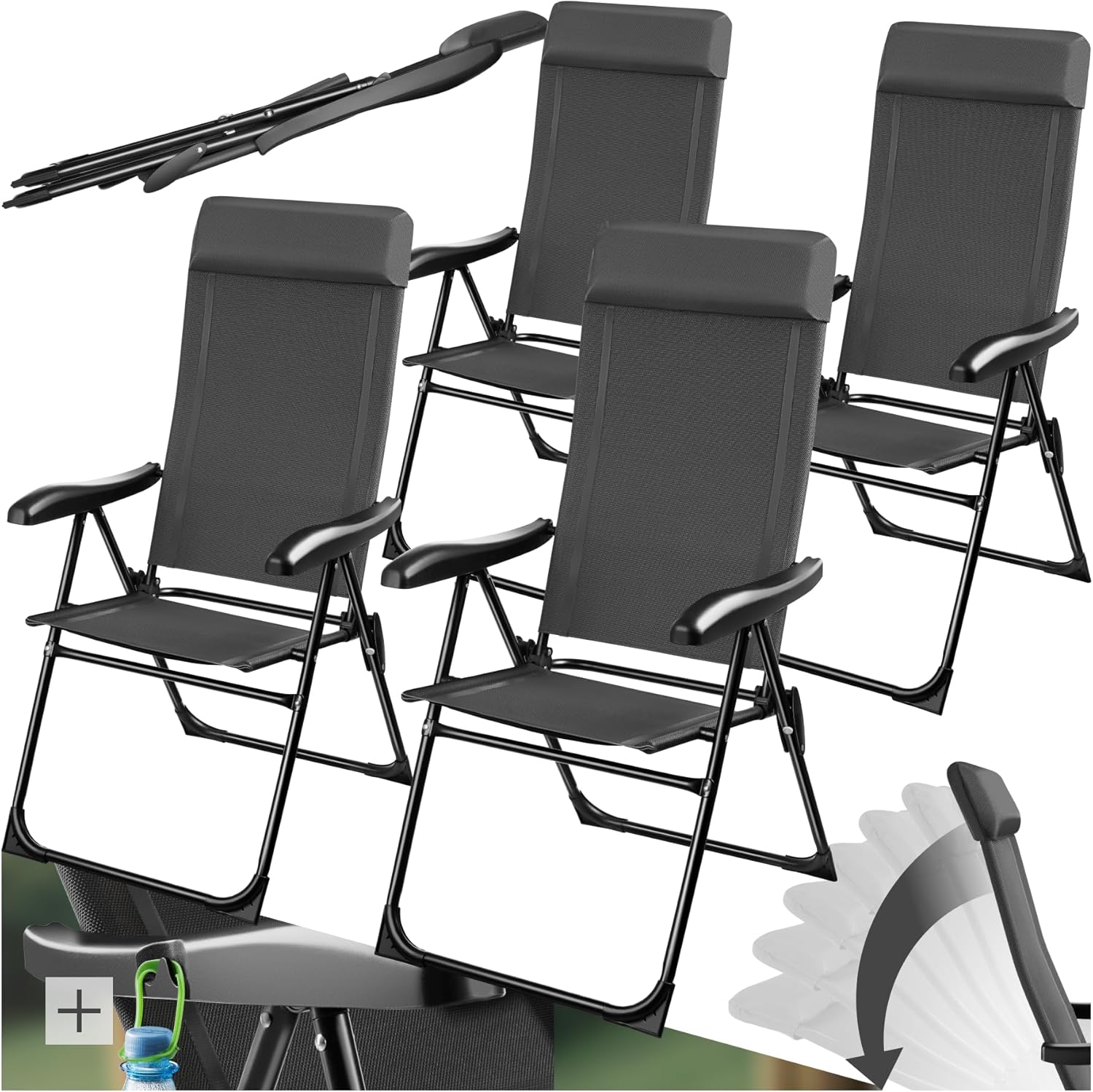 tectake? Set 2 Sedie Campeggio Pieghevoli, Schienale Regolabile 7 Posizioni, Alluminio Inossidabile, Textilene Traspirante, Braccioli Ergonomici, Cuscino Poggiatesta Rimovibile Antiscivolo - Antracite