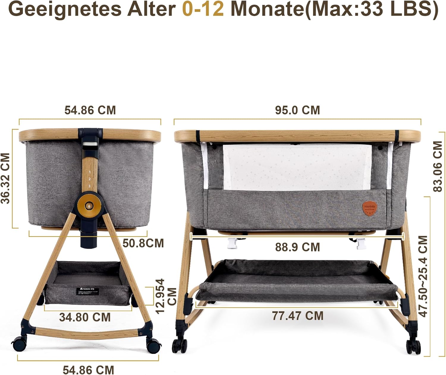 Maydolly Beistellbett 3 in1 Babybetten Tragbar Babybett mit atmungsaktivem Netz und Laken, Verstellbarer Stubenwagen Beistellbett Grau