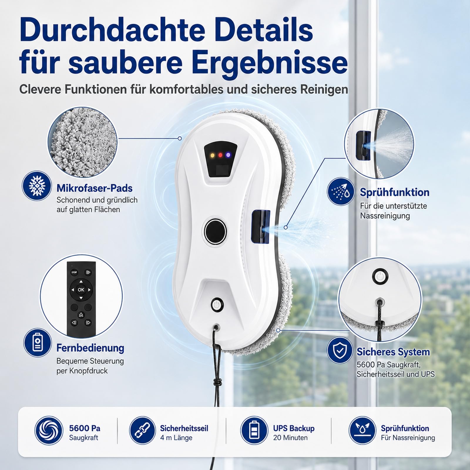 Fensterputzroboter Osmo RoboClean mit starker Saugkraft, Kantenerkennung und 3 Reinigungsmodi, automatischer Fensterreiniger mit Wassersprühen