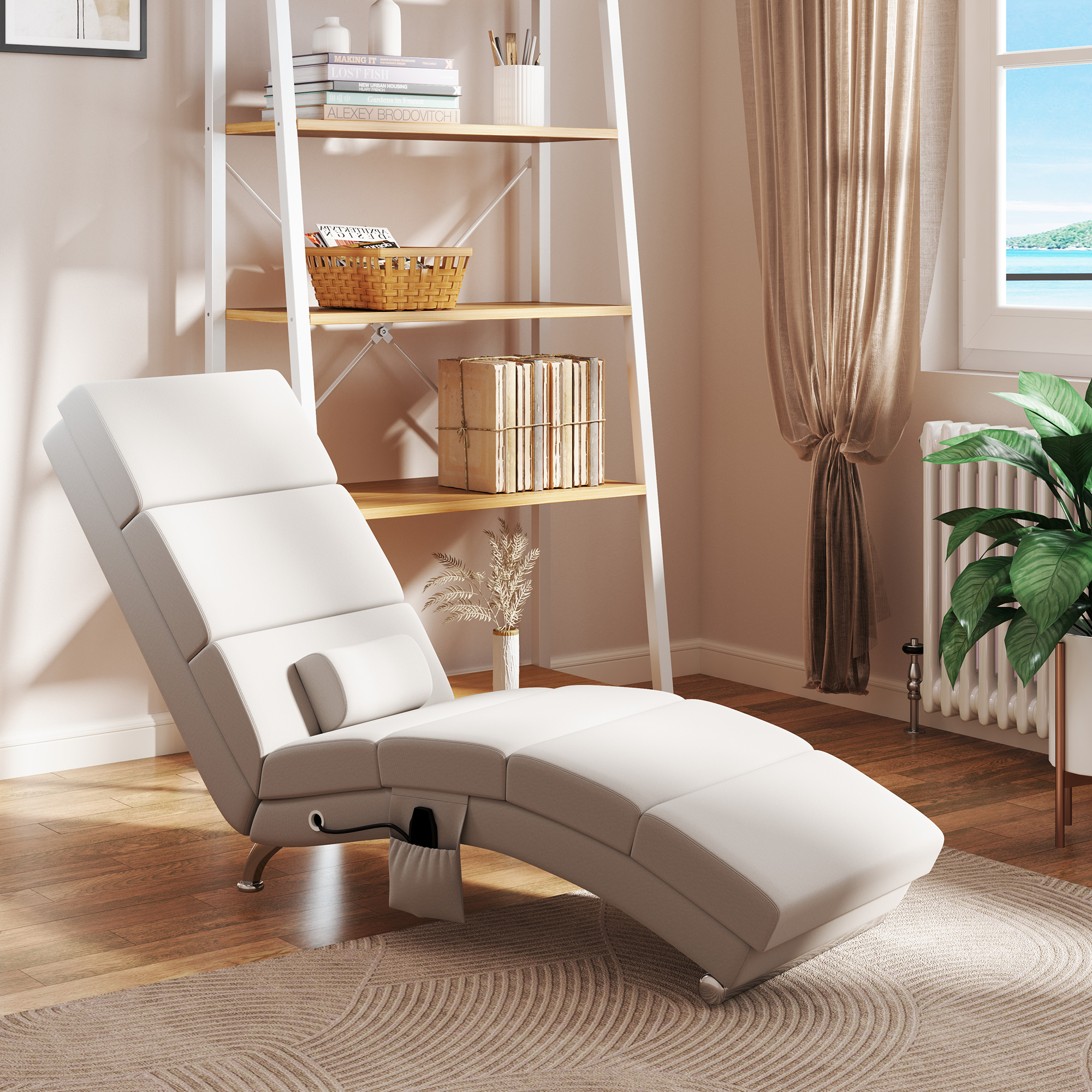 HOMCOM Relaxsessel Massagesessel und Heizung Chaiselongue mit Fernbedienung und Kissen, Leinenoptik, Creme