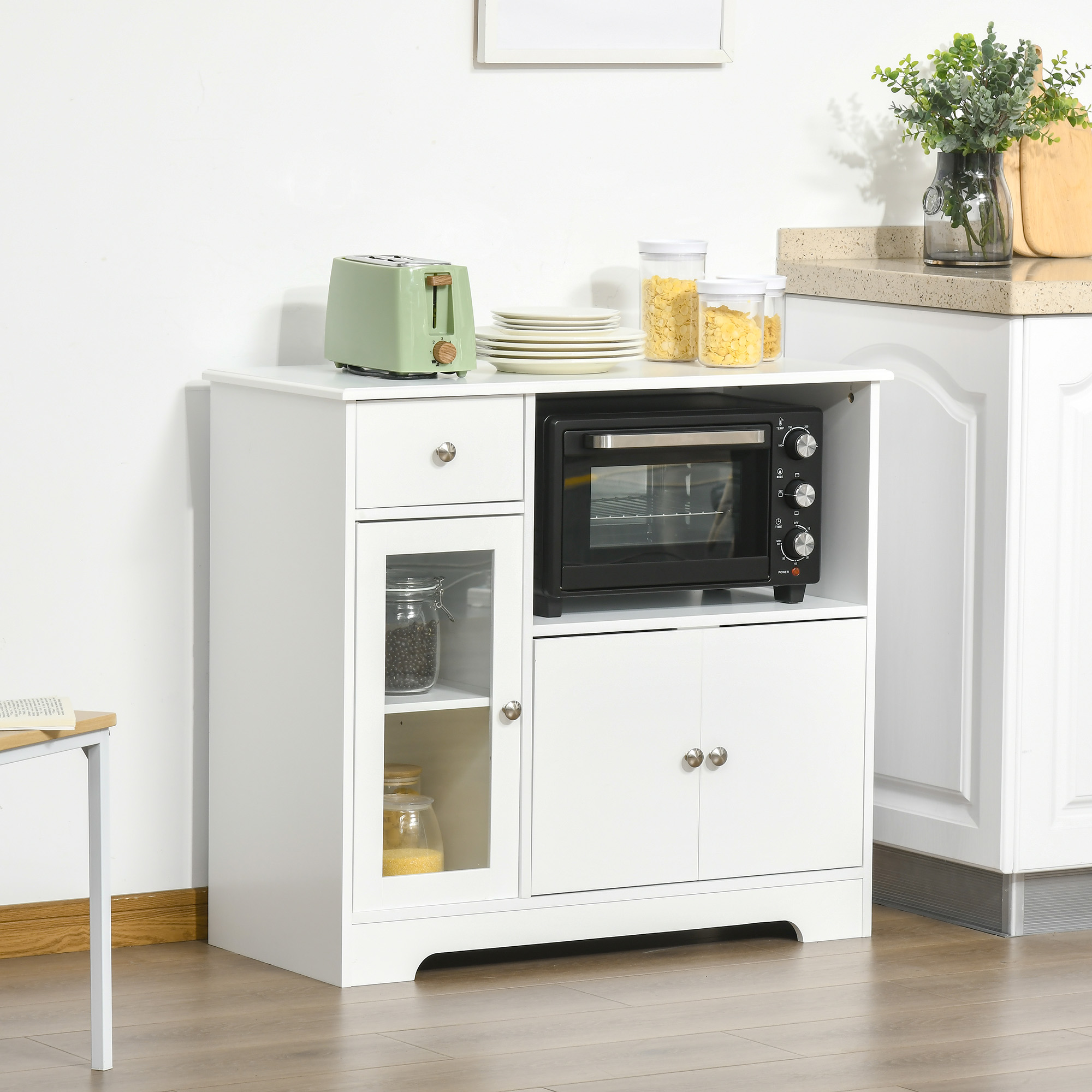 HOMCOM Mikrowellenschrank, Küchenschrank mit 2 Schränken und Schublade, Sideboard Aufbewahrungsschrank Kommode Multifunktionsschrank für Esszimmer, Kippschutz, Weiß, 90 x 40 x 82 cm
