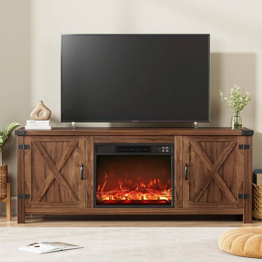 YESHOMY Fireplace TV Stand with Two Barn Doors and Storage Cabinets for Televisions up to 65+ Inch. Entertainment Center Console Table. Media Furniture for Living Room. 58 Inch