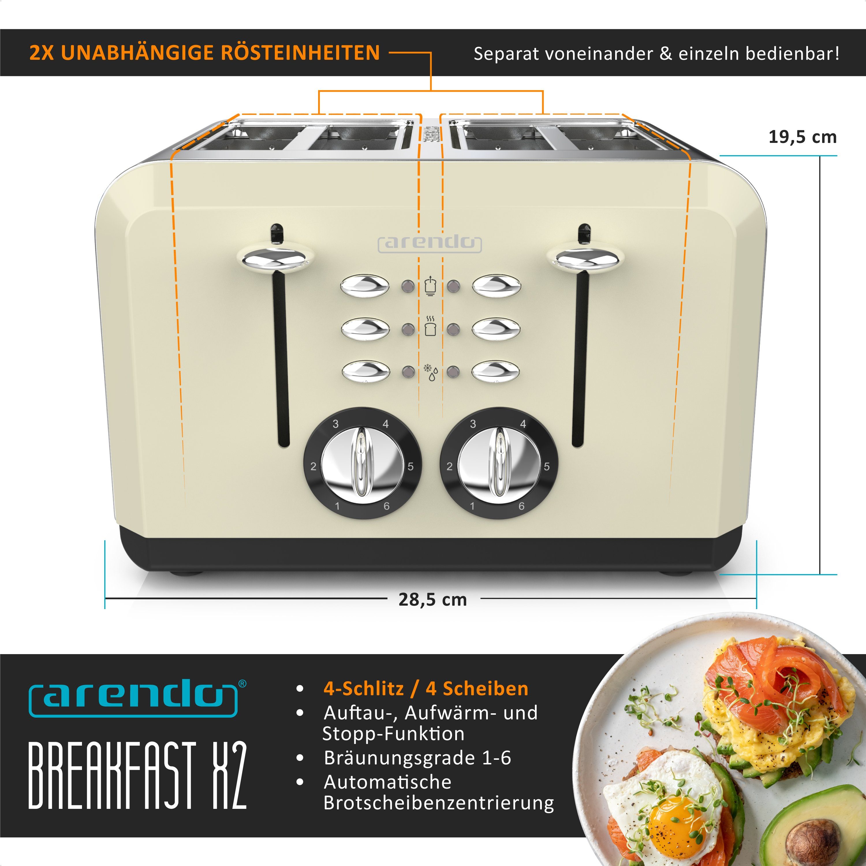Toaster 4-Scheiben, Edelstahl Automatik, Wärmeisolierendes Doppelwandgehäuse