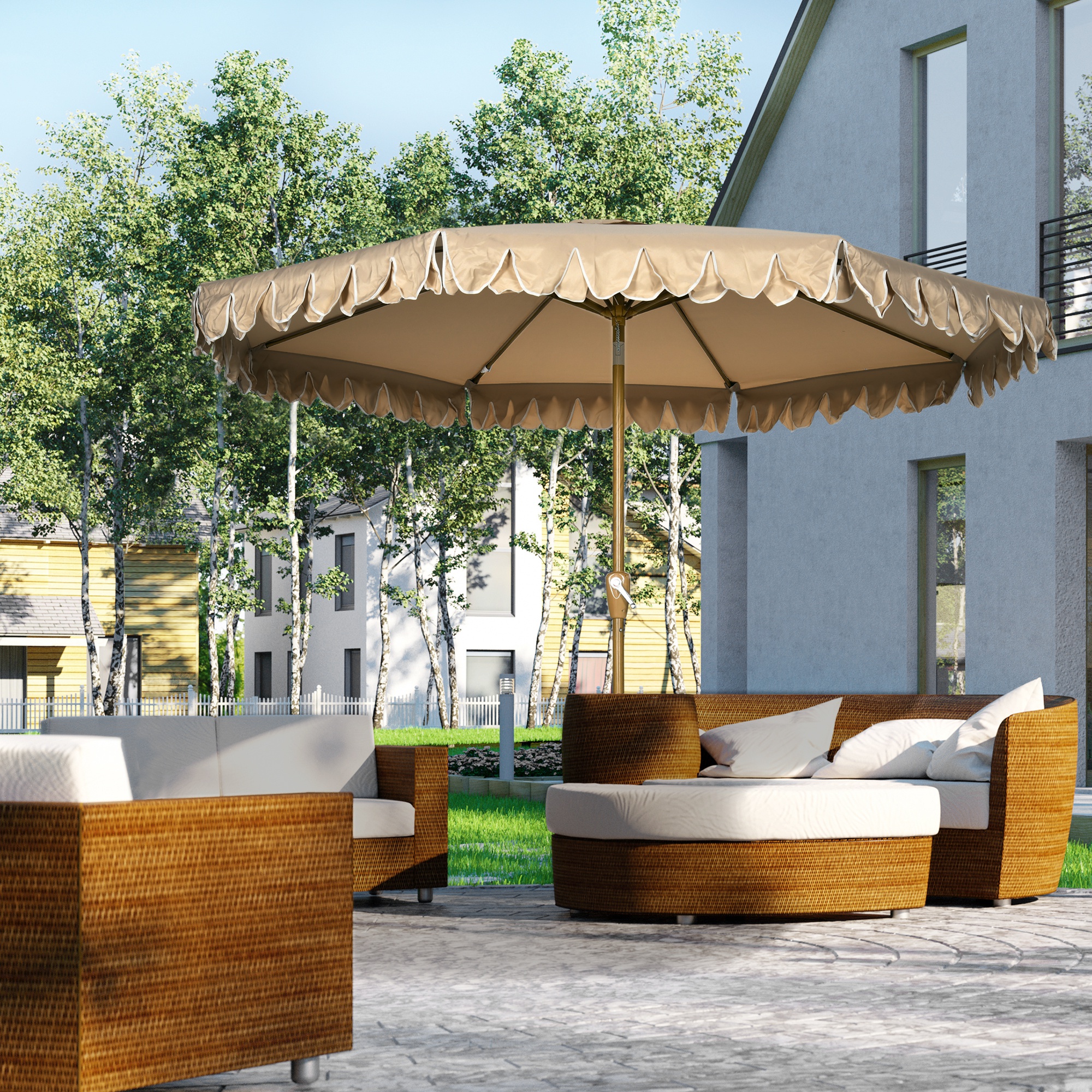 Outsunny Sonnenschirm, mit Fransen, neigbar, mit Handkurbel, Stahl+Polyester, khaki, Ø264 x 240 cm