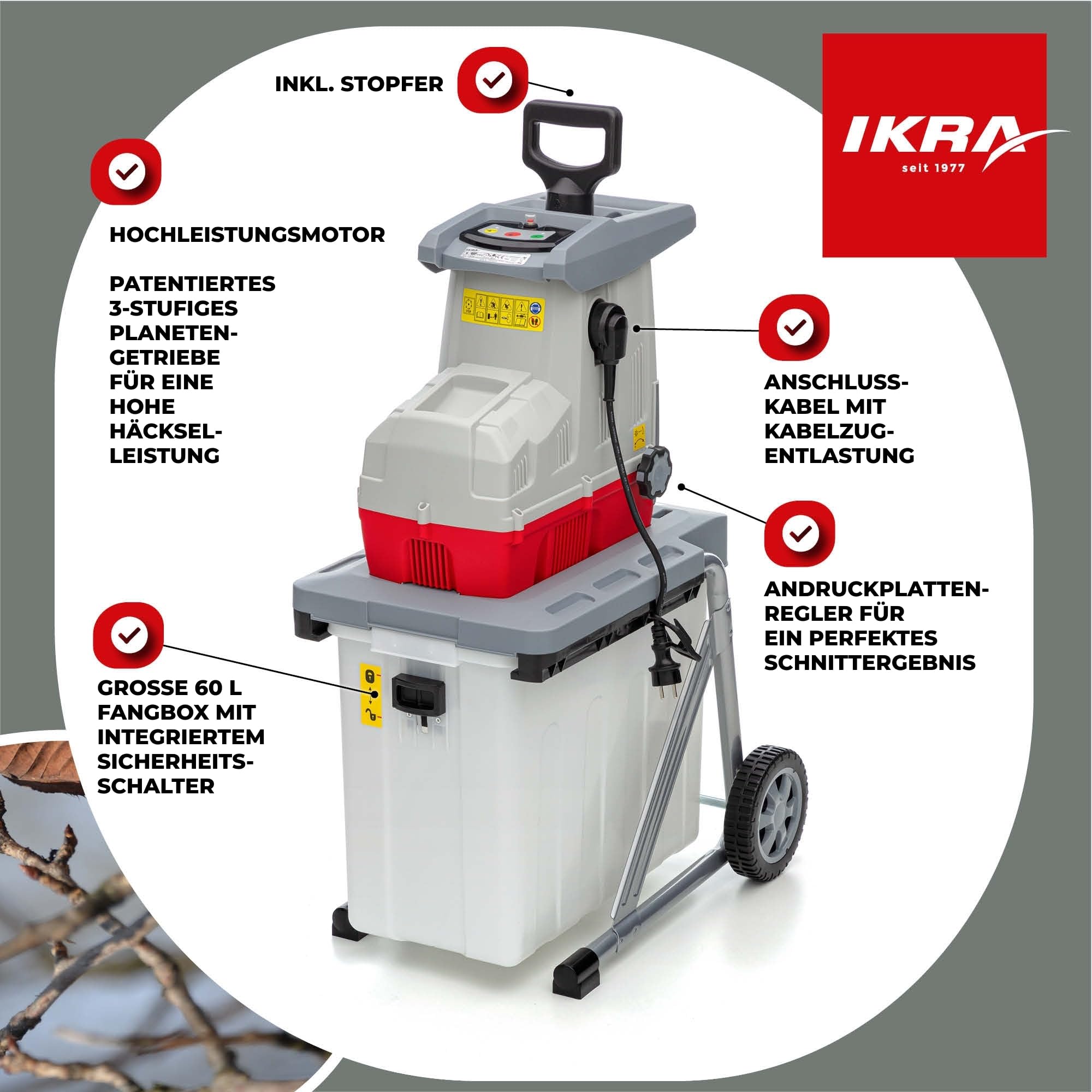 Elektro Gartenhäcksler Walzenhäcksler ILH 3200A mit 3200 Watt und Aststärke bis 44 mm, inkl. 60-Liter-Fangbox und Stopfer