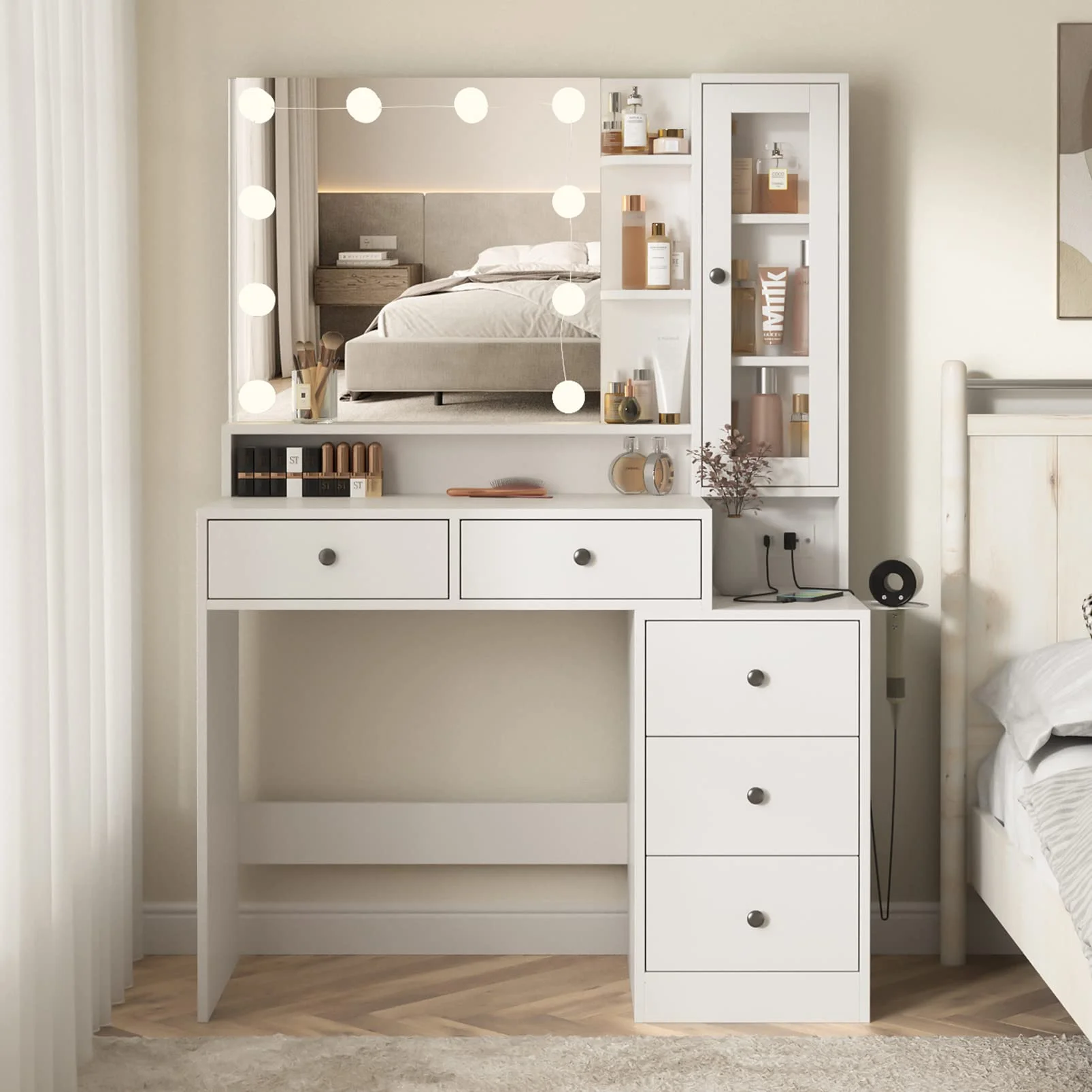 VEANERWOOD Makeup Vanity Desk with Lighted Mirror and Power Strip, Modern Vanity Table with 5 Drawers, White