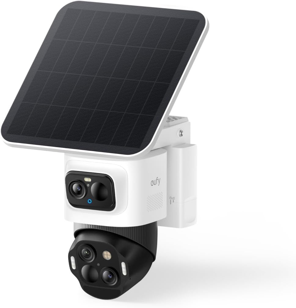 eufy Security eufyCam S4, kabellose Solar‑Outdoor‑Überwachungskamera, 3‑Linsen Bullet‑PTZ‑Kamera, 4K UHD, 360° Multi‑Kamera‑Auto‑Tracking, 8× Hybridzoom, Farbnachtsicht, kompatibel mit HomeBase S380