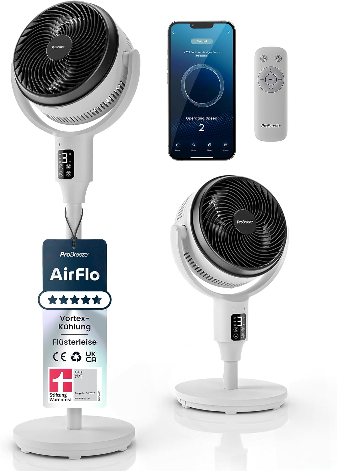Pro Breeze AirFlo Smart Standventilator 108 cm, Stiftung Warentest GUT (1,9), 29 dB, 2-in-1 Stand- & Tischventilator, 85°+135° Oszillation, WLAN, App, Alexa & Google Home