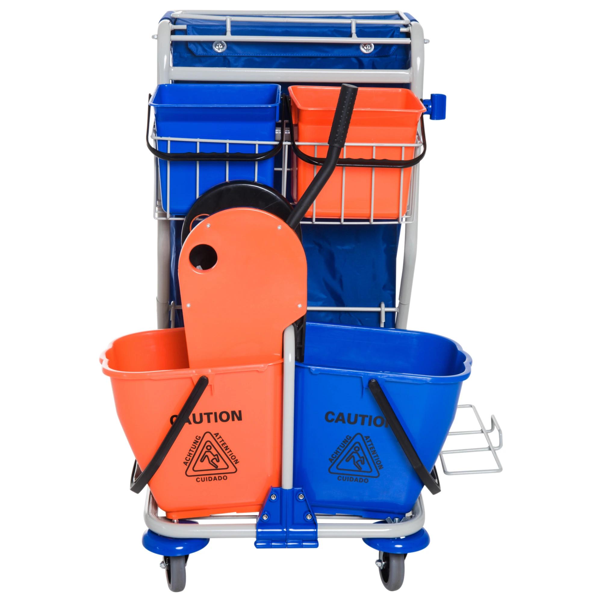 Schoonmaakwagen schoonmaaktrolley met wielen 4 verrijdbare emmers, dweilwagen, blauwe systeemwagen