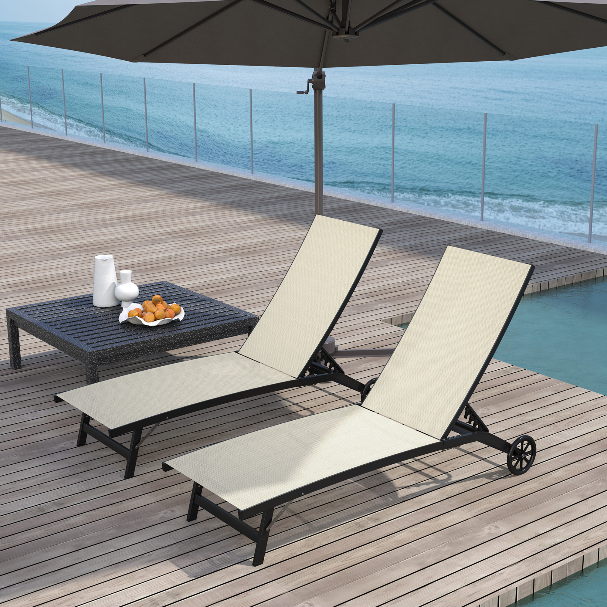 Outsunny Set mit 2 Sonnenliegen aus Aluminium und Textilen mit Rollen verstellbare Rückenlehne Max. 150 Kg Khaki