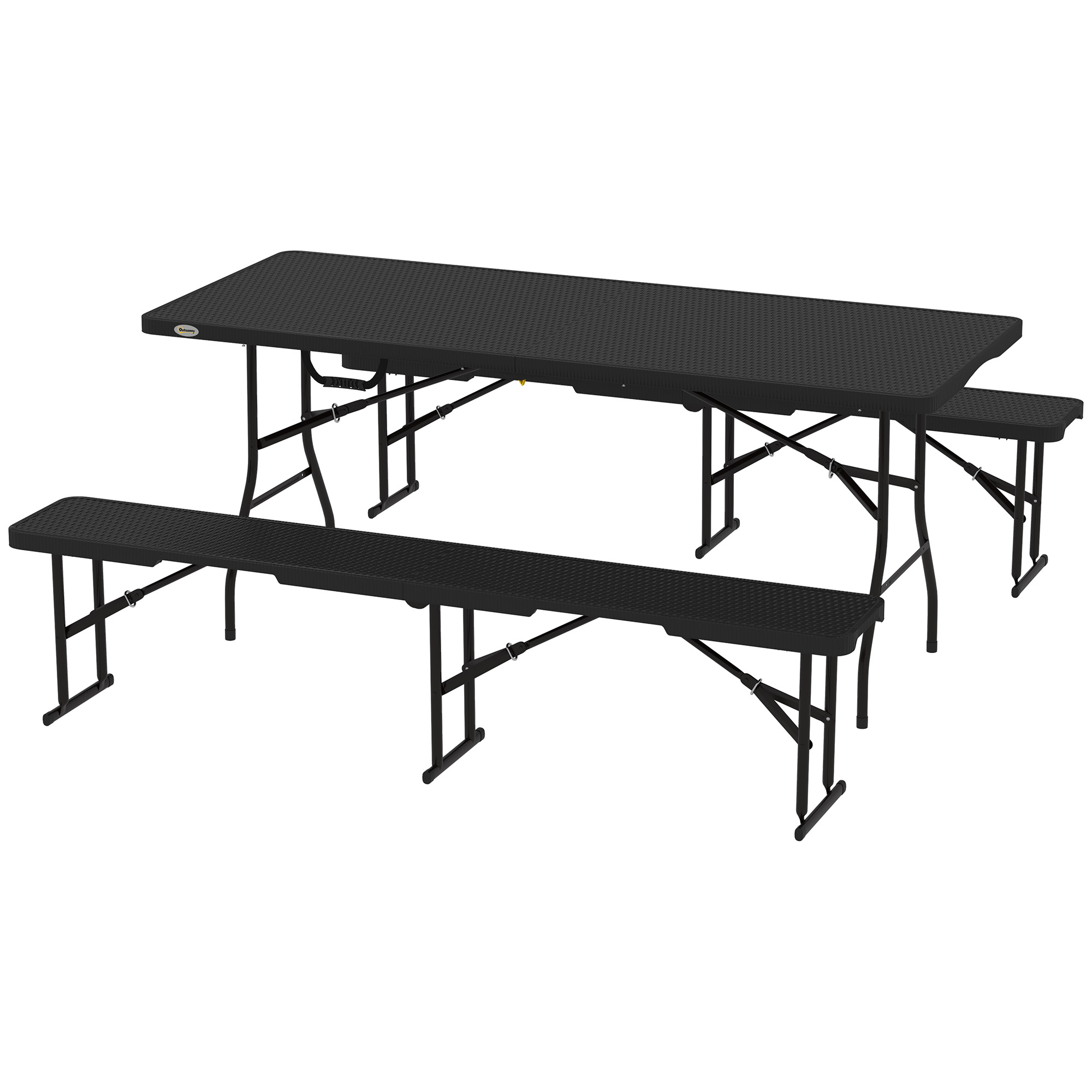 Outsunny Picknicktisch und Bänke, 3-teiliges Set, faltbar, Kunststoff, Metall, Schwarz