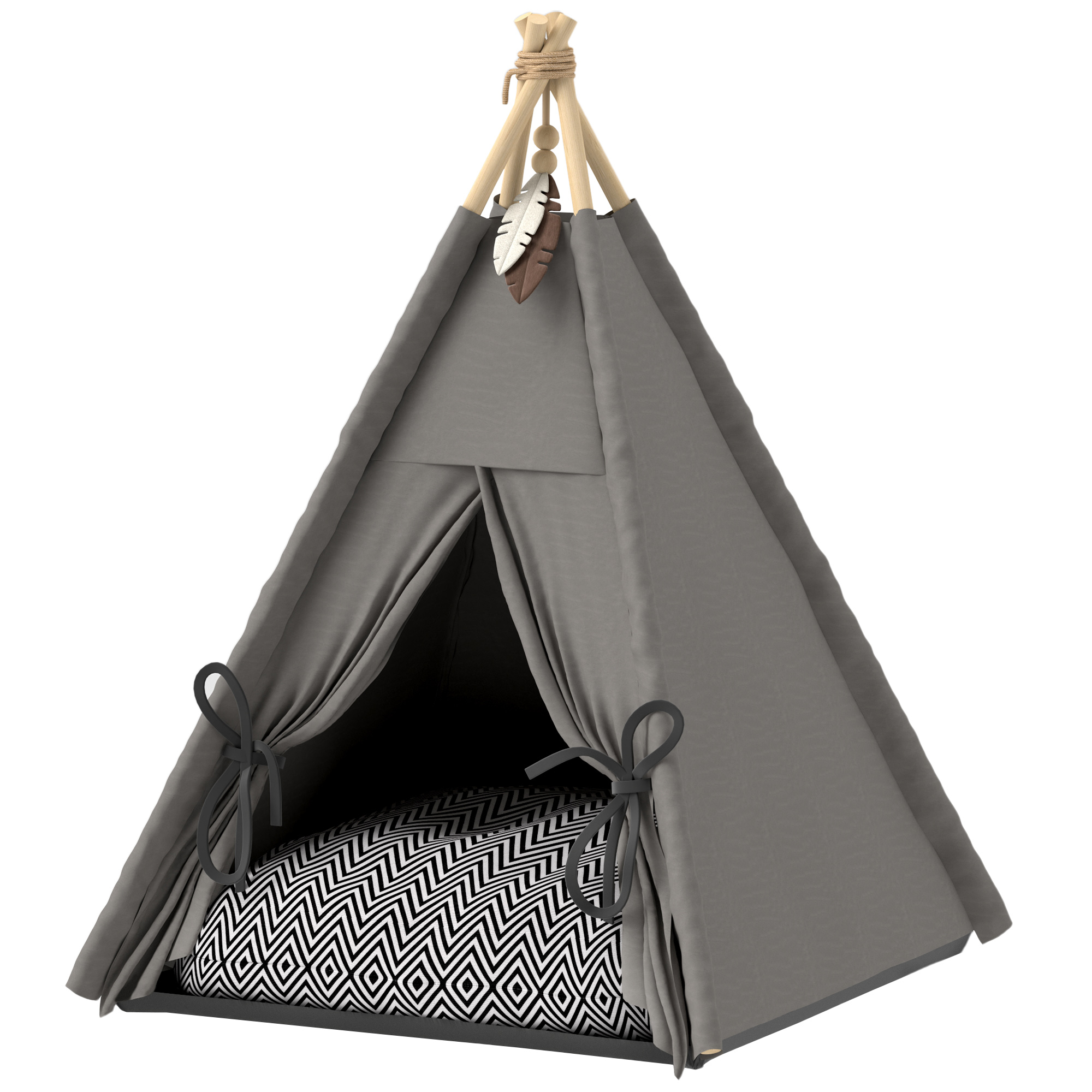 PawHut Tipi-Zelt für Haustiere, Tierbett im Tipi-Design, Katzenzelt mit Kissen, Hundebett zum Schlafen, Katzenbett, Grau