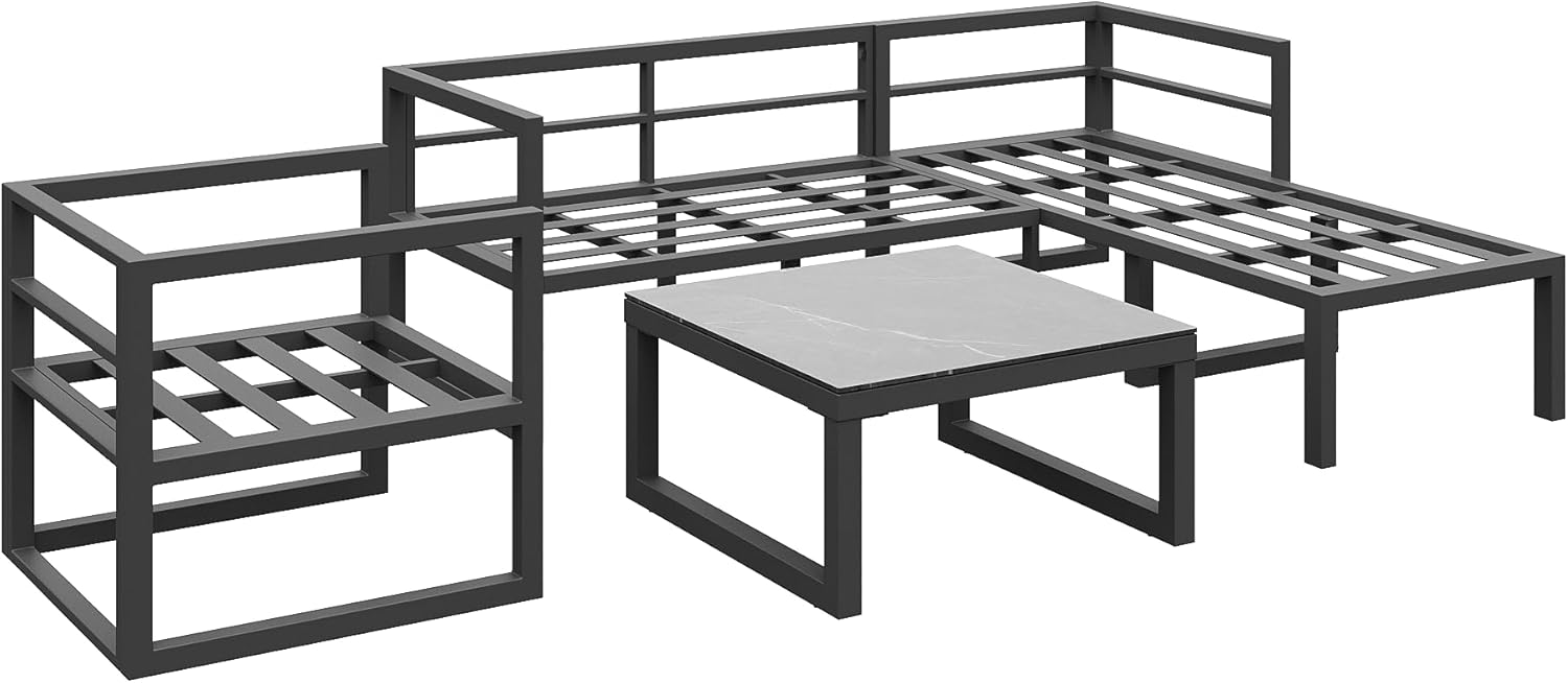Kayan Gartenlounge Set für 4-5 Personen, Lounge Gartenmöbel Set mit Ecksofa, Sessel und Couchtisch, Balkonmöbel Wetterfest mit verzinktem Eisengestell und Kissen, verstellbare Füße, Grau