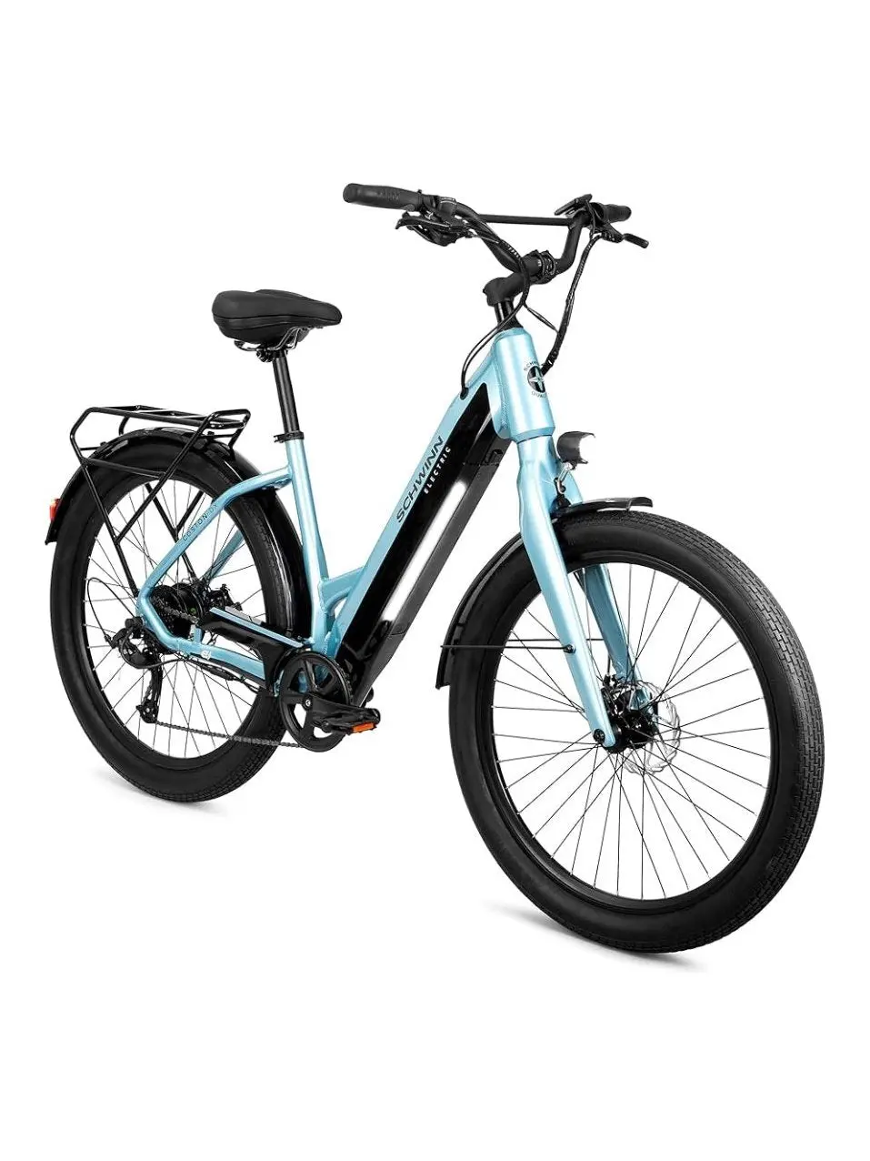 Schwinn Coston Adult Electric Hybrid Bike, Step Thru and Step Over Frames, 7 Speed, 27.5 Inch Wheels, Aluminum Frame