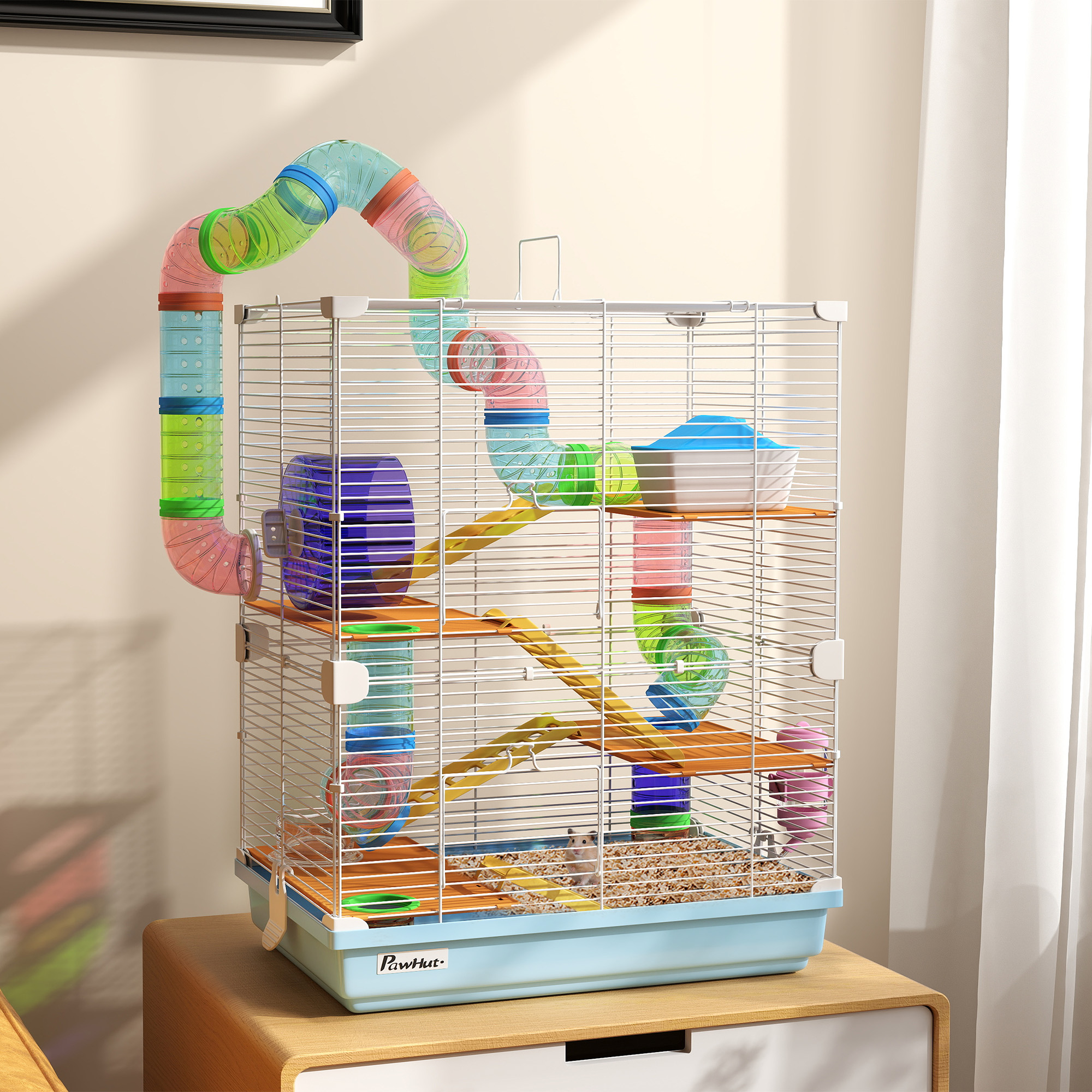 PawHut Hamsterkäfig mit 5 Etagen inkl. Röhren, Rad, Leitern, Häuschen und Flasche, aus Metall, PP und PS, 46x30x58 cm