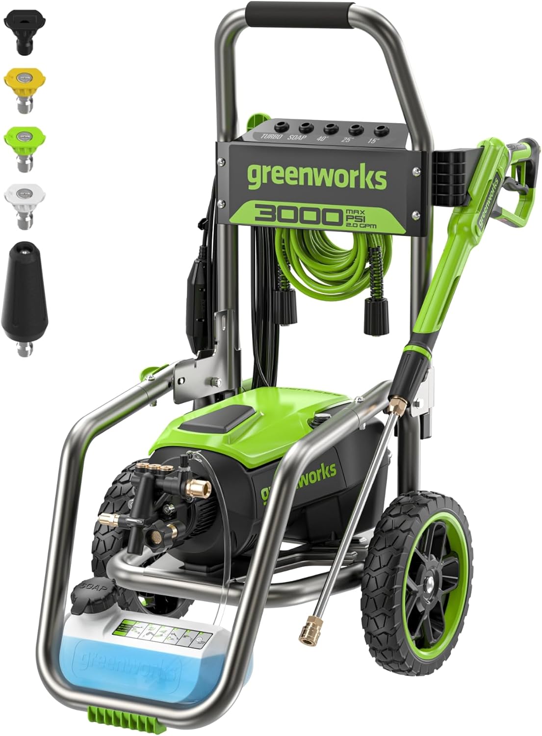 Greenworks Pro Brushless 3000 PSI (CSA Certified) 2.0 GPM Max / 1.1 GPM Electric Pressure Washer (Foldable Handles  Rugged Steel Frame  25 FT Hose  35 FT GFCI Power Cord)