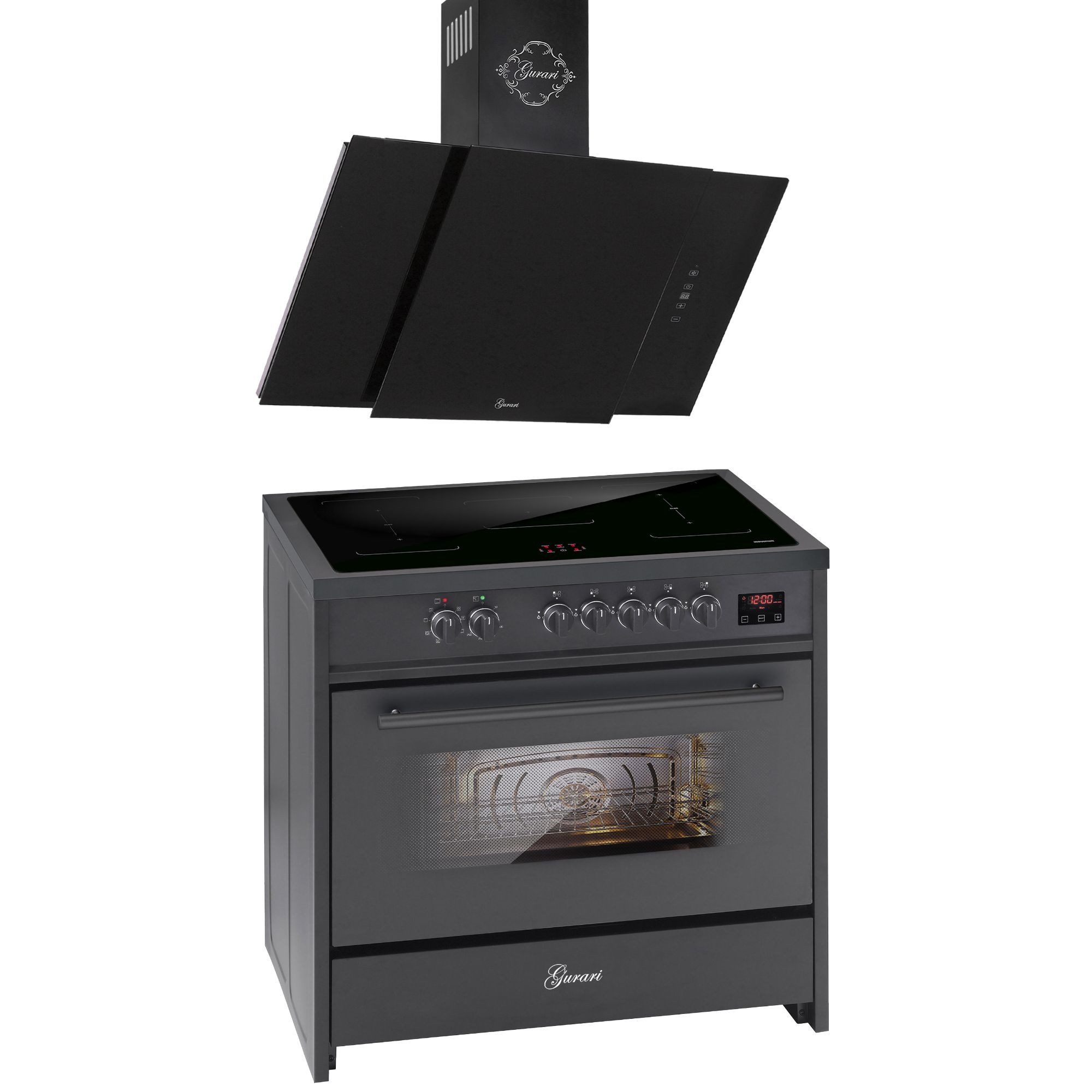 Induktions-Standherd Range Cooker 90 cm, Schwarz, 5 Kochzonen, 121L+Dunstabzugshaube 90 cm E 913 BL+GCH S 171 BL 90 Prime.