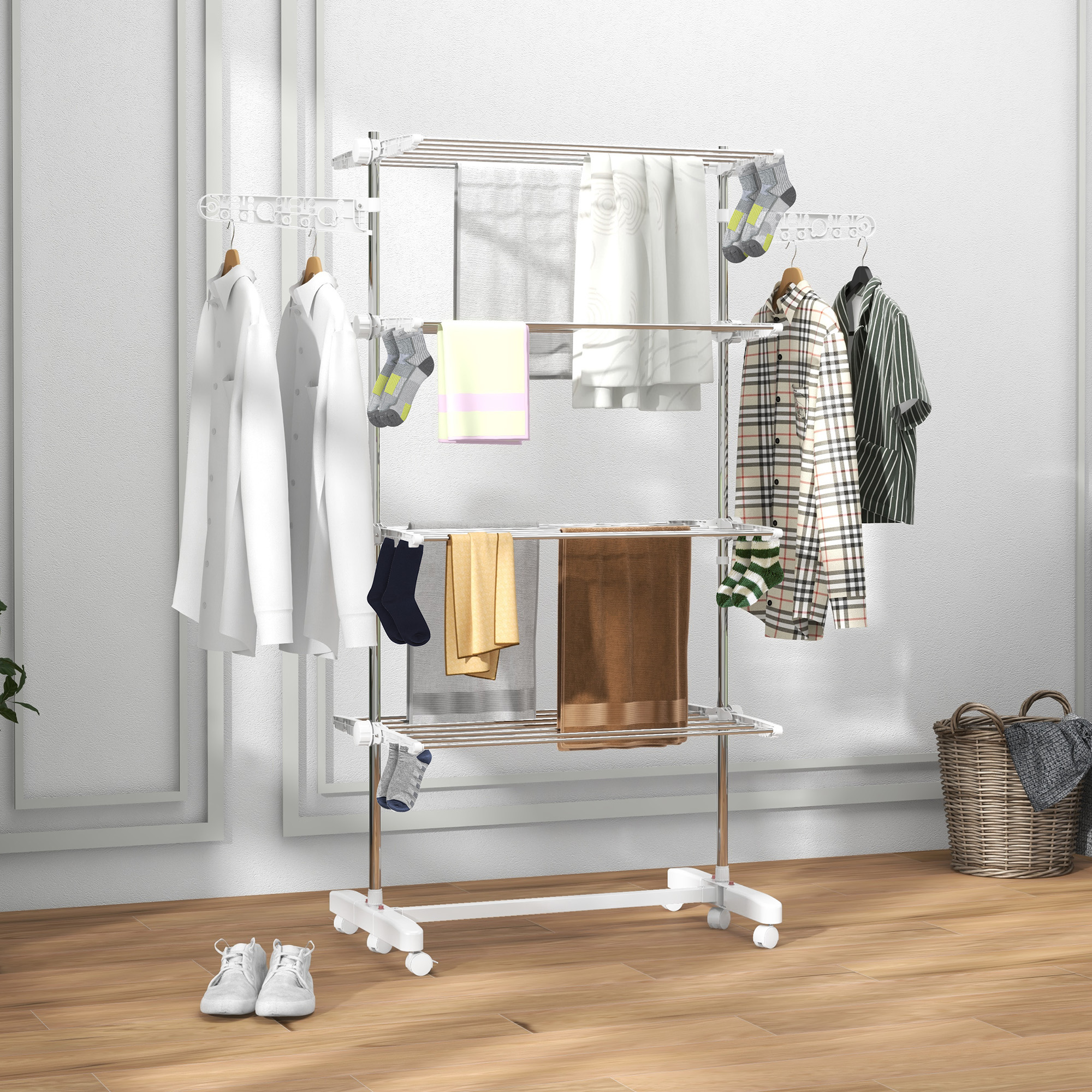 HOMCOM Mobiler Wäscheständer mit Rollen, 4 Ebenen, klappbar, Edelstahl, rostfrei, weiß+silber, 142 x 55 x 172 cm