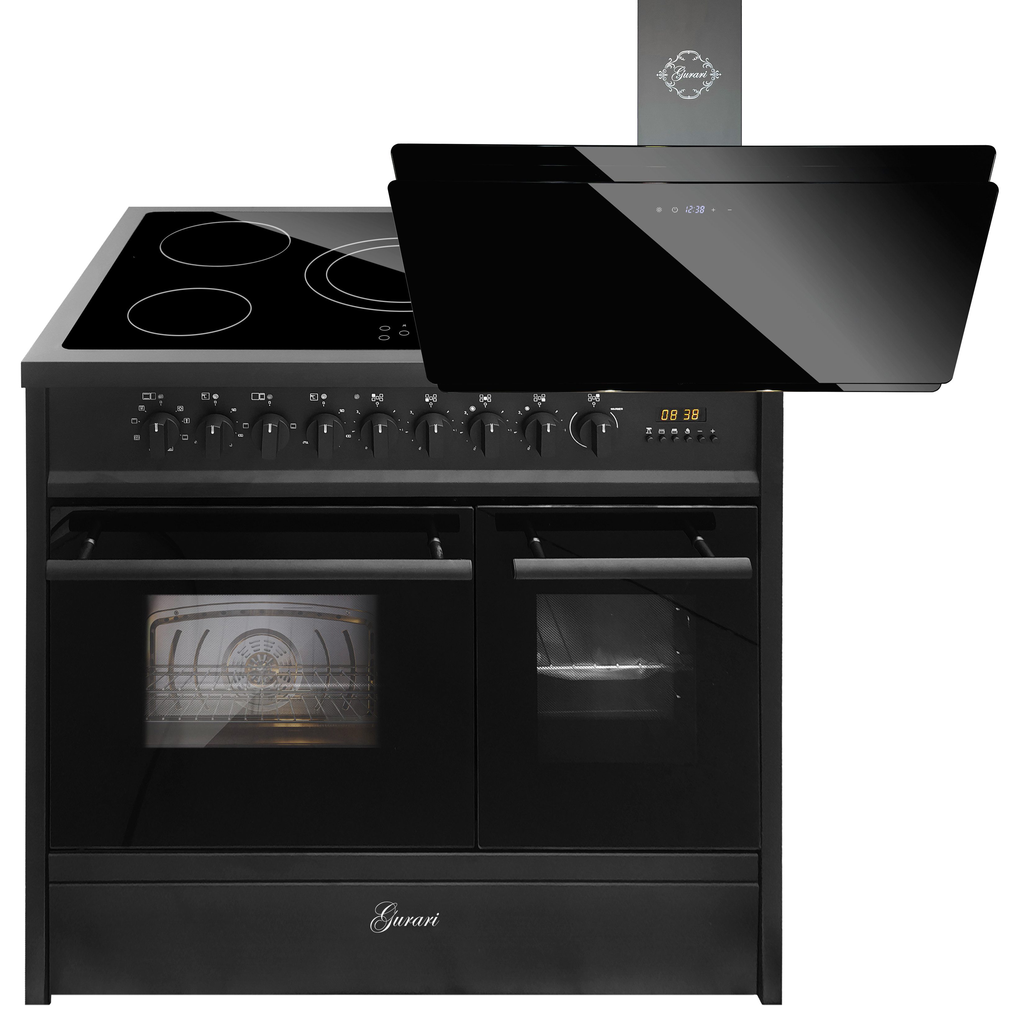 Elektro-Standherd Glaskeramik Herd 90 cm Schwarz Range Cooker Elektro Doppelbackofen mit Dunstabzugshaube 90cm 1000m³/h kopffreihaube Schwarz Glas TouchControl GCH E 912 DF BL+GCH S 411 90 BL PRIME N.