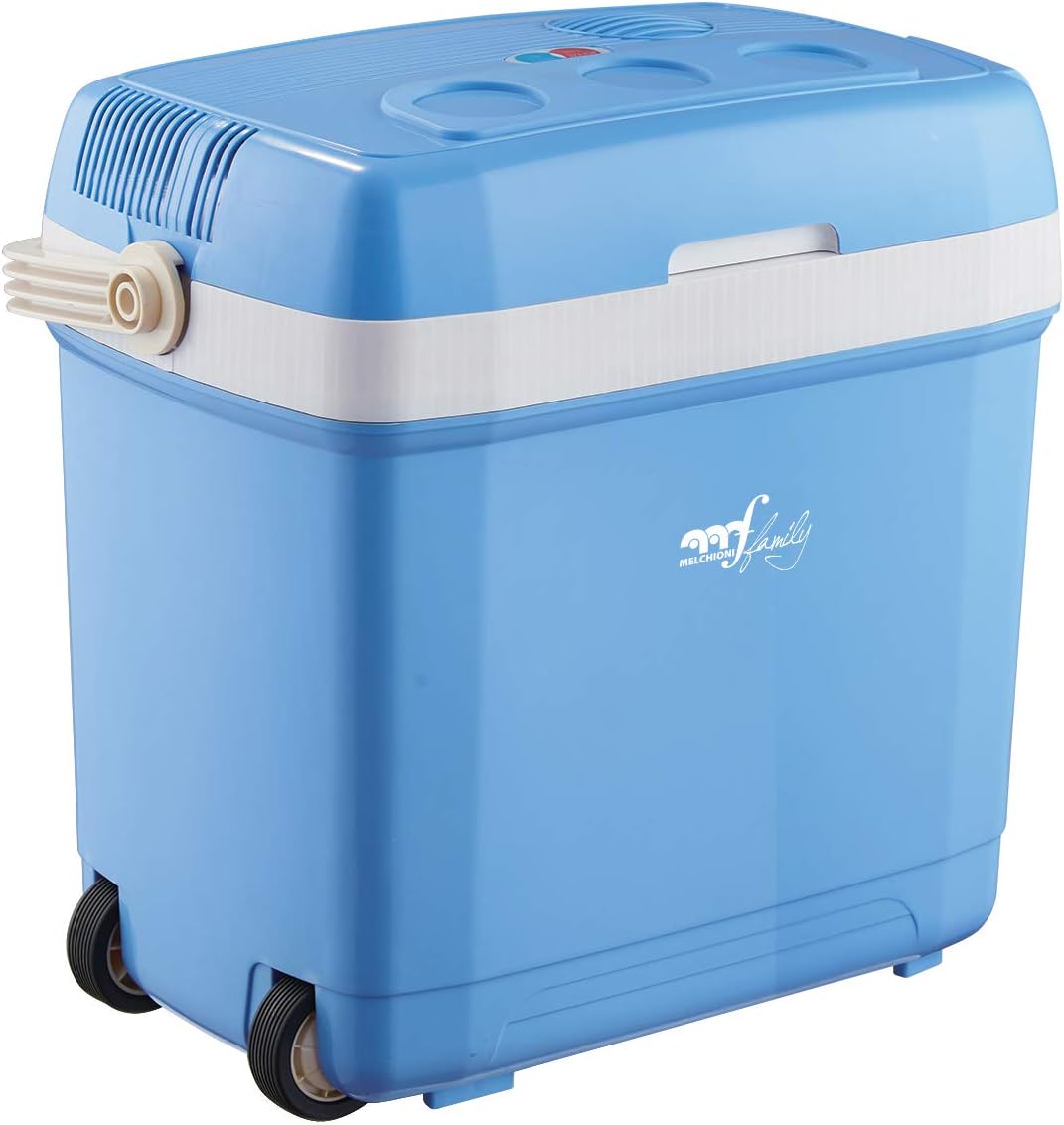 Melchioni Family | Frigo Portatile Elettrico Modello CONSERVO30 con Capacità 27 litri, Interruttore Caldo-Freddo e Cavi Inclusi, con Ruote e Doppia Maniglia, Classe F, Colore Azzurro