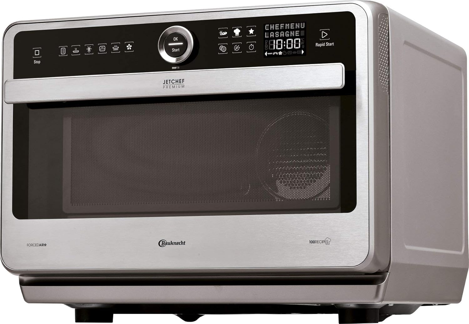Bauknecht Jet Chef MW 179 IN Rvs 5-in-1 Multifunctionele Magnetron/ 1000 W/ 33 L Gaarruimte/Hete lucht 1500 Watt/ Kwartsgrill 1200 W/DualCrisp/ Stoomkoken/Smelt- en Snelontdooifunctie