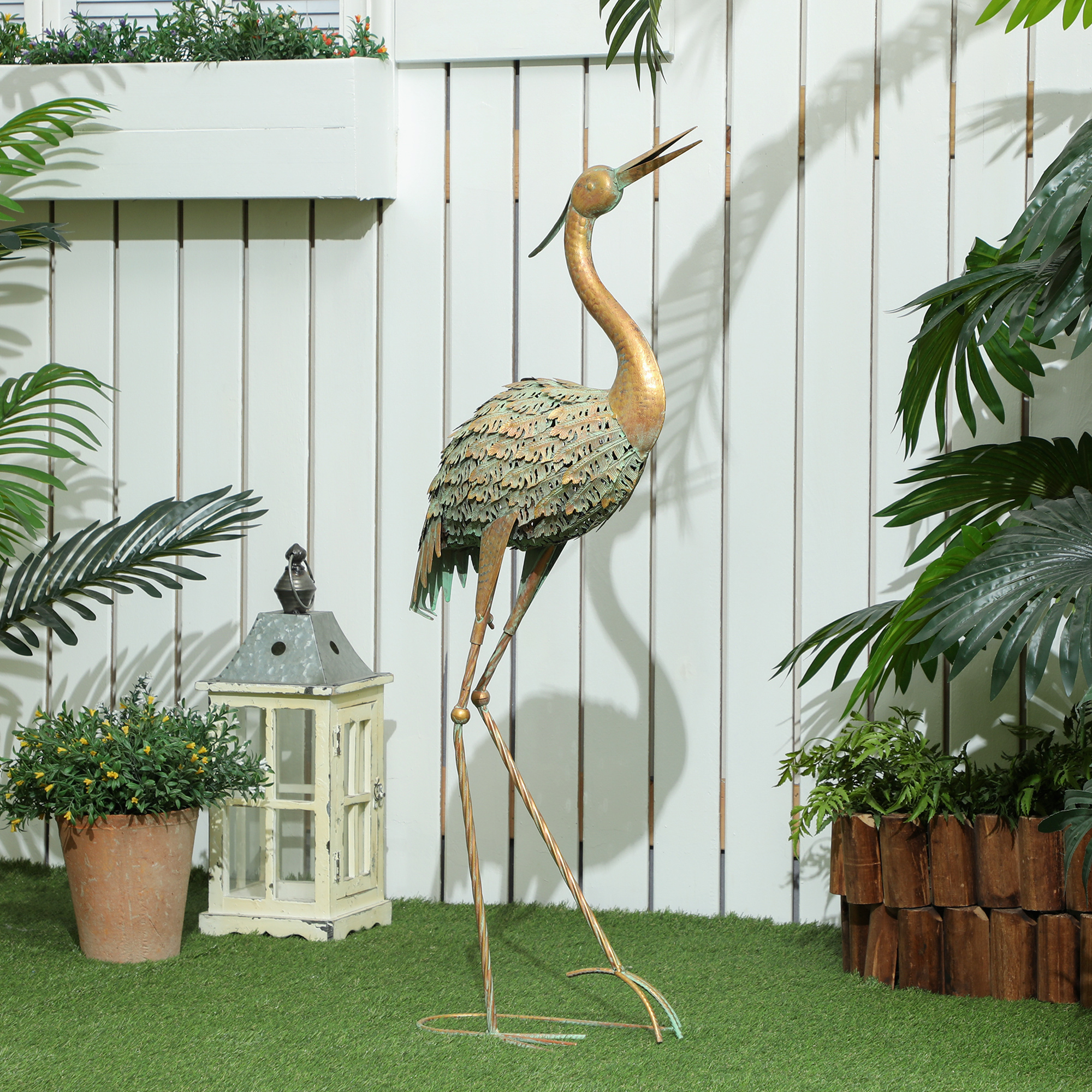 Outsunny Gartenstatue im Freien, Reiher-Skulptur aus Metall, Außendekoration 90 cm, Multicolor