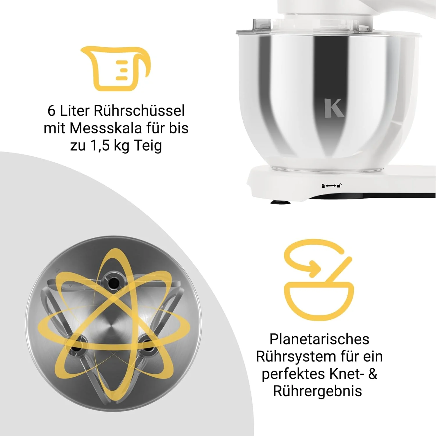 KLAMER Keukenmachine 1800W, Kneedmachine met 6 Liter RVS Kom, 10 Snelheidsstanden met Timer, Klopper, Deeghaak, Garde en Spatdeksel